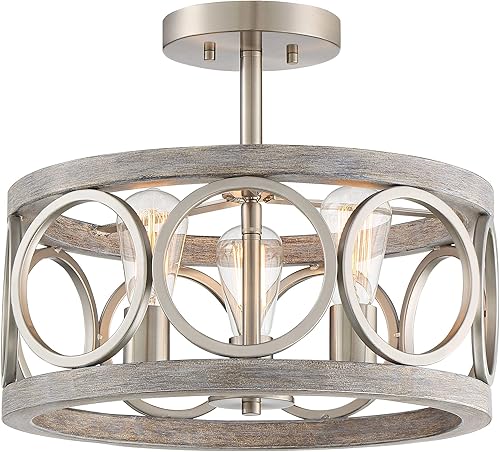 Miniatura 5 de Franklin Iron Works Salima - Lámpara de techo industrial rústica de 16 pulgadas de ancho, 3 luces con acabado de madera gris níquel cepillado para