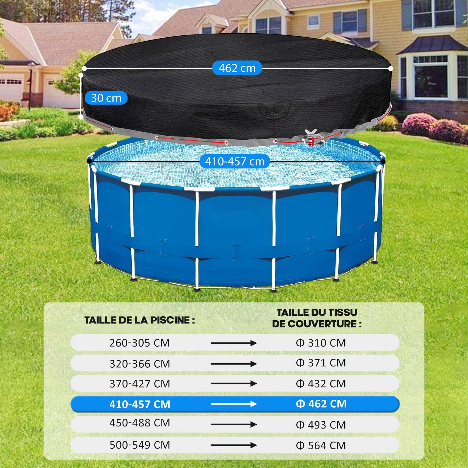 Bâche de Piscine Ronde 457 Oxford 420D Ø462 pour Piscine Ø410-457cm | Noir, résistante aux UV œillets noirs, résistante aux déchirures, été/hiver, compatible INTEX & BESTWAY