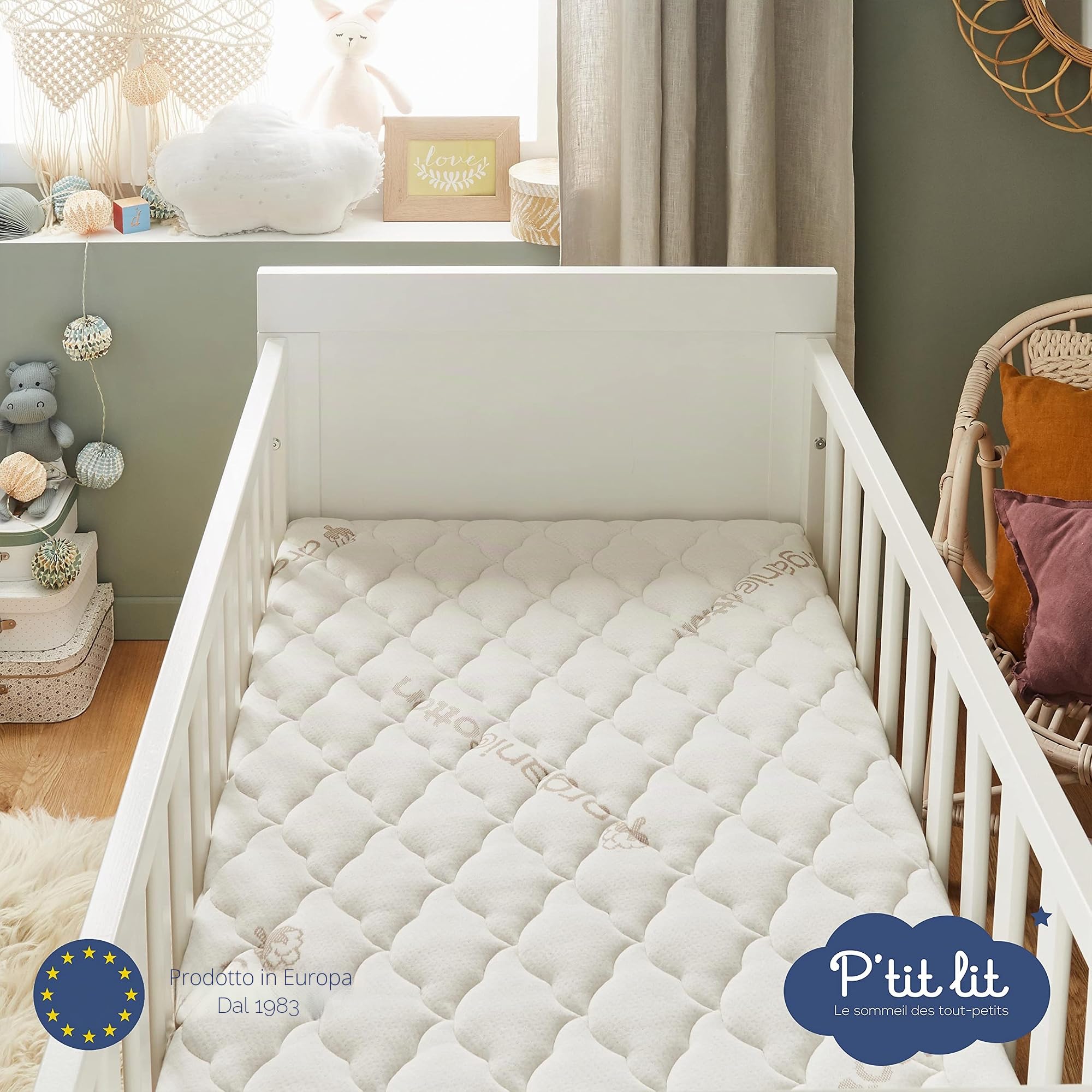 P'tit Lit - Materasso Lettino Cotone Biologico | 60x120 cm | 100% Cotone: Materia naturale di origine vegetale | Senza trattamento chimico | Sfoderabile | OekoTex® | Fabbricazione europea