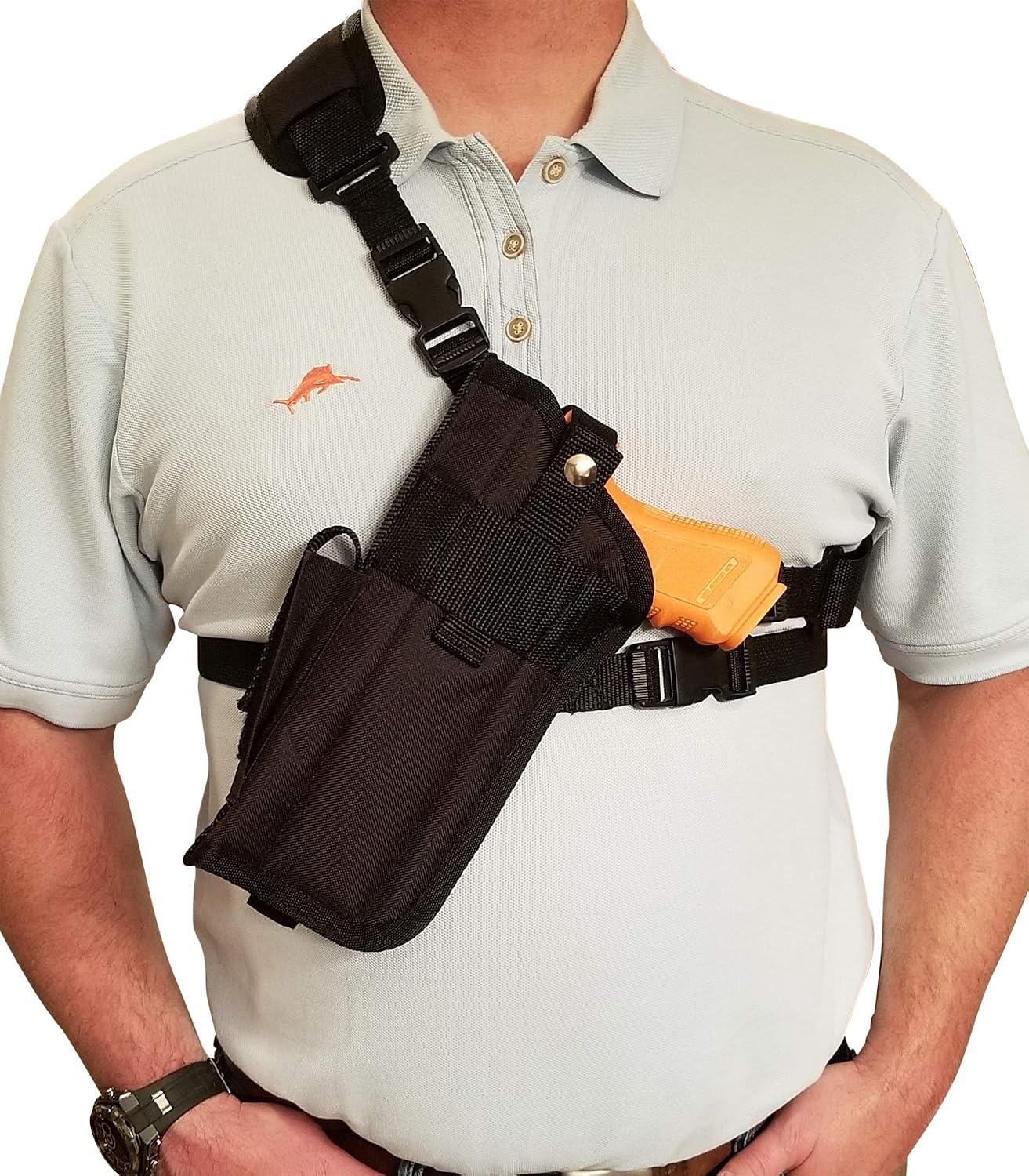 Chest/Shoulder Gun Holster | Fits Glock 40 MOS with a Flashlight and 2" Compensator and Other Similar Sized Guns