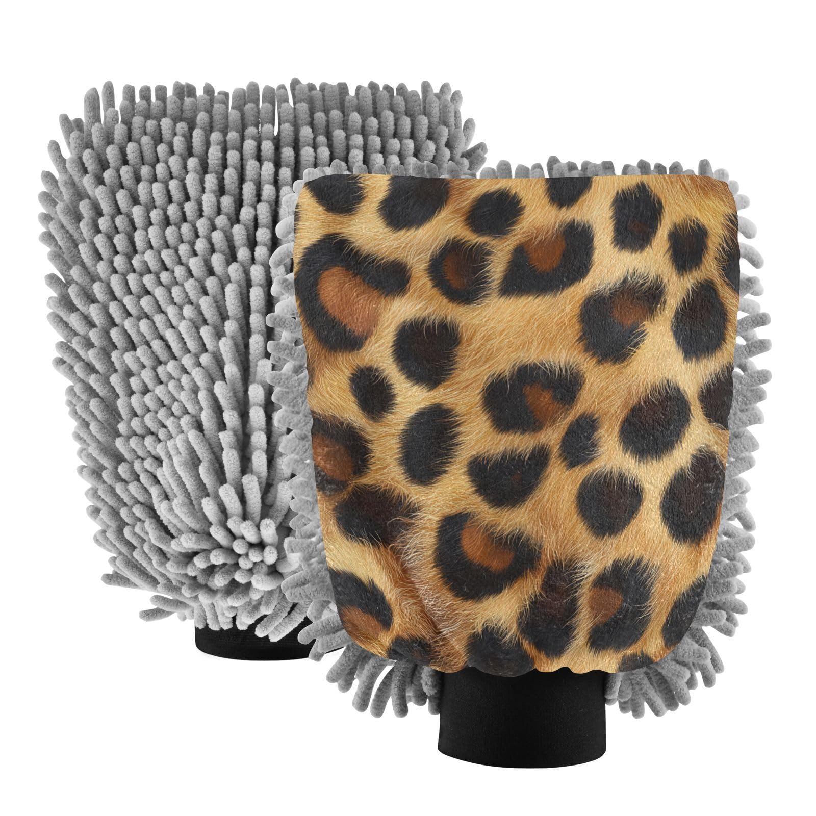 STAYTOP Leopard Skin Print Car Wash Mitt Microfiber, 2Pcs Scratch Free Lint-Free, Premium Chenille Microfiber Mitt Car Wash Brush-L