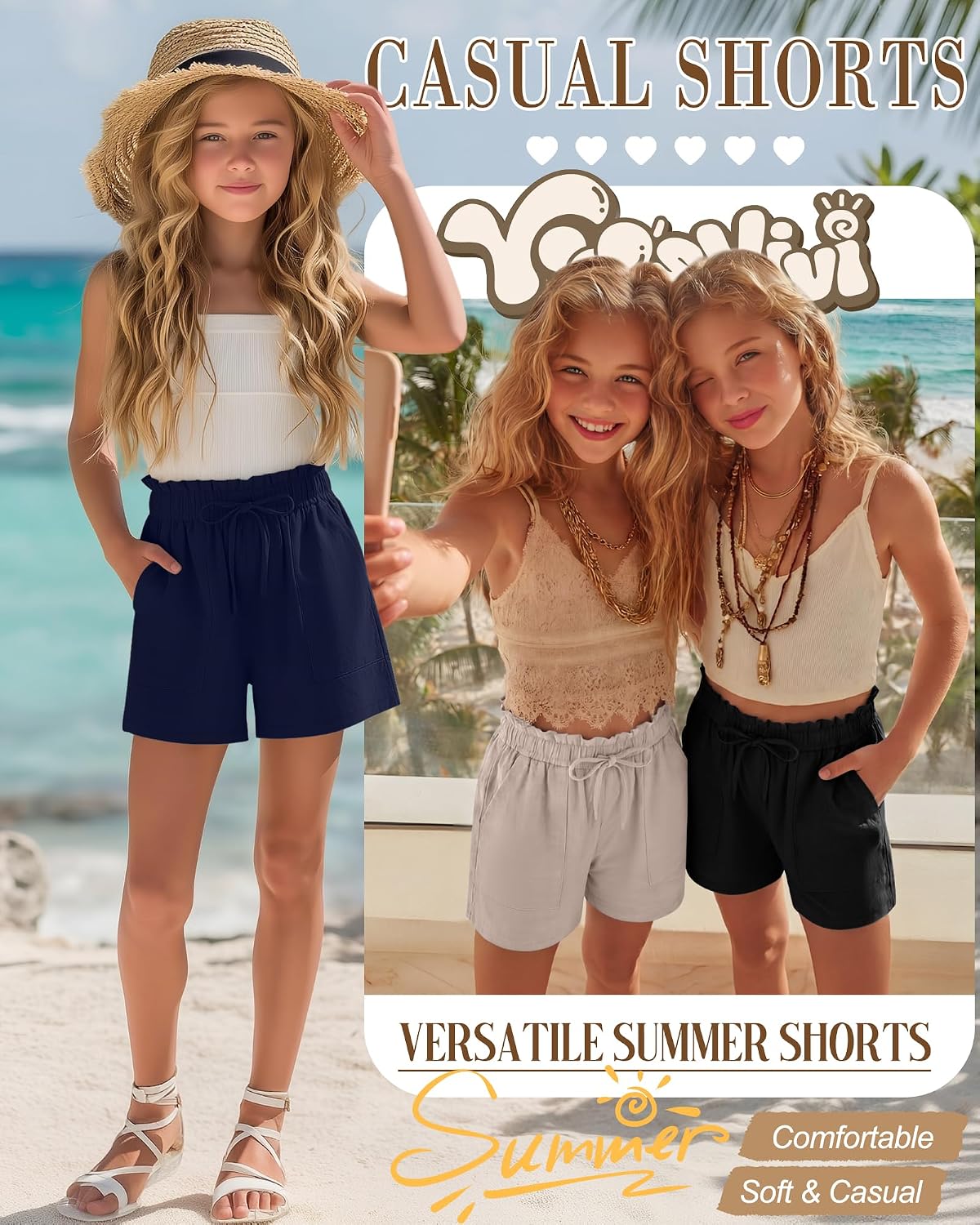 Yooo's Vivi 3 Pack Girls Shorts Ruffled High Waisted Casual Beach Shorts Wide Leg Loose Drawstring Summer Clothes 5-14 Years