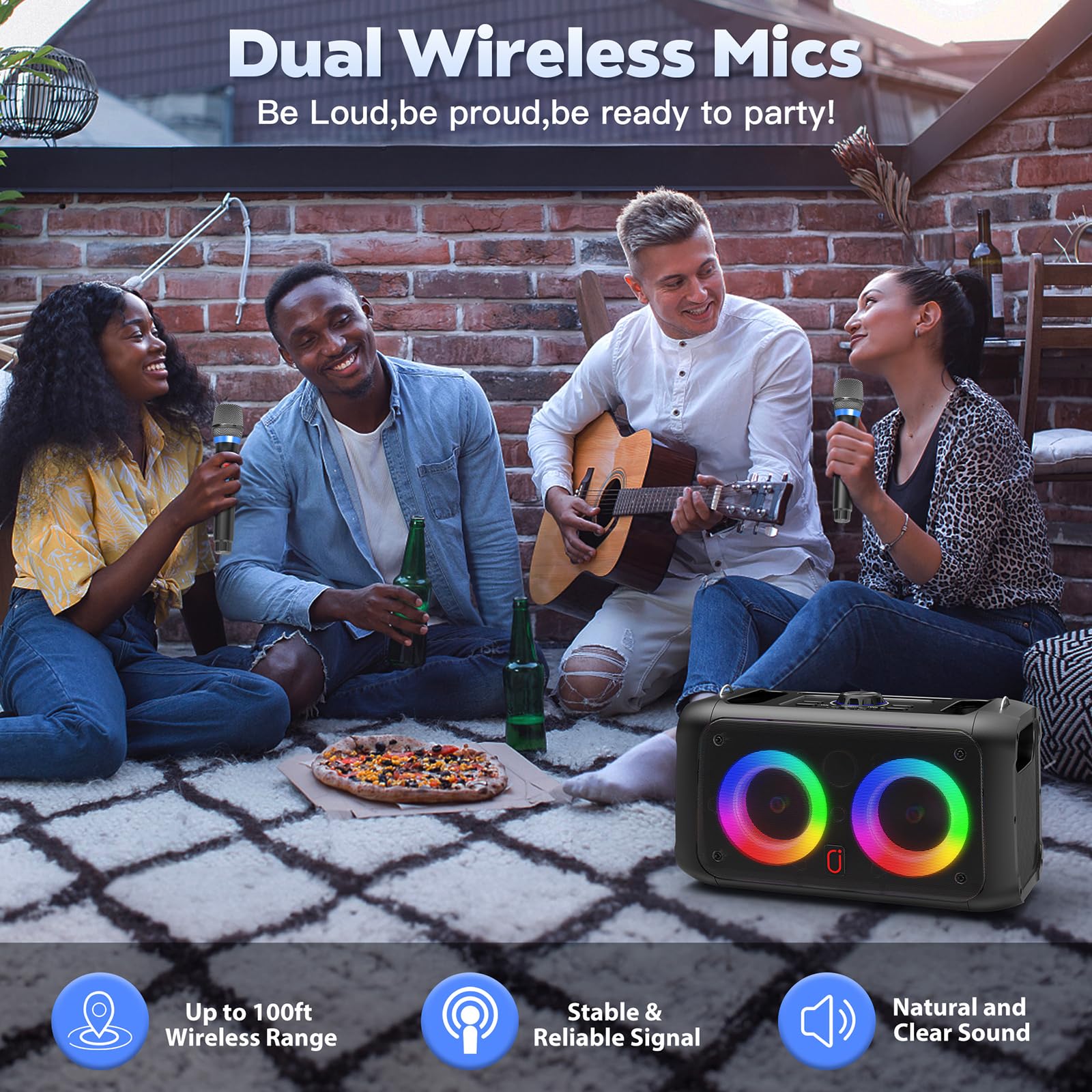 JYX Machine Karaoke Adultes avec 2 Microphones sans Fil, Haut-Parleur Bluetooth 5.3 Portable avec Roues et Lumières Disco, Enceinte Karaoké de Fête pour Les Réunions