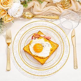 Ciaell 150PCS Clear Gold Plastic Plates - Disposable Gold Rim Plates include 25Dinner Plate, 25Dessert Plate, 25Forks, 25Knives, 25Spoons, 25Cups for Wedding & Party & Christmas & New Year
