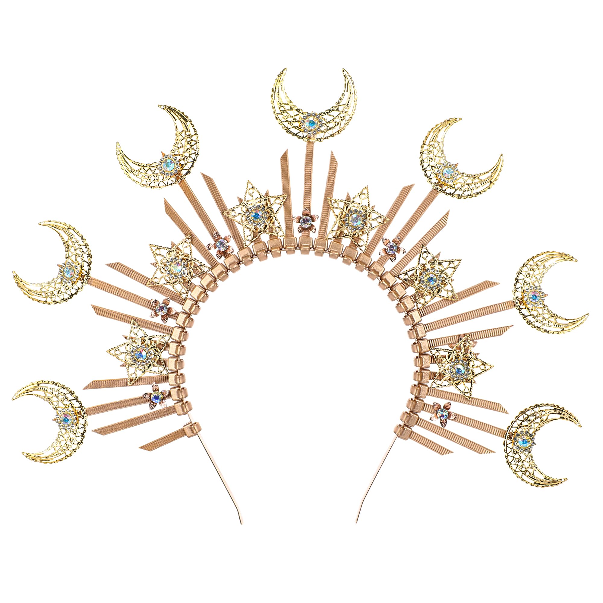 Moon Spiked Halo Crown - Zip Tie Gold Sunburst Goddess Star Headband Handmade Renfaire Fantasy Virgin Mary Headpiece Wedding Renaissance Costume Halloween Cosplay Accessories