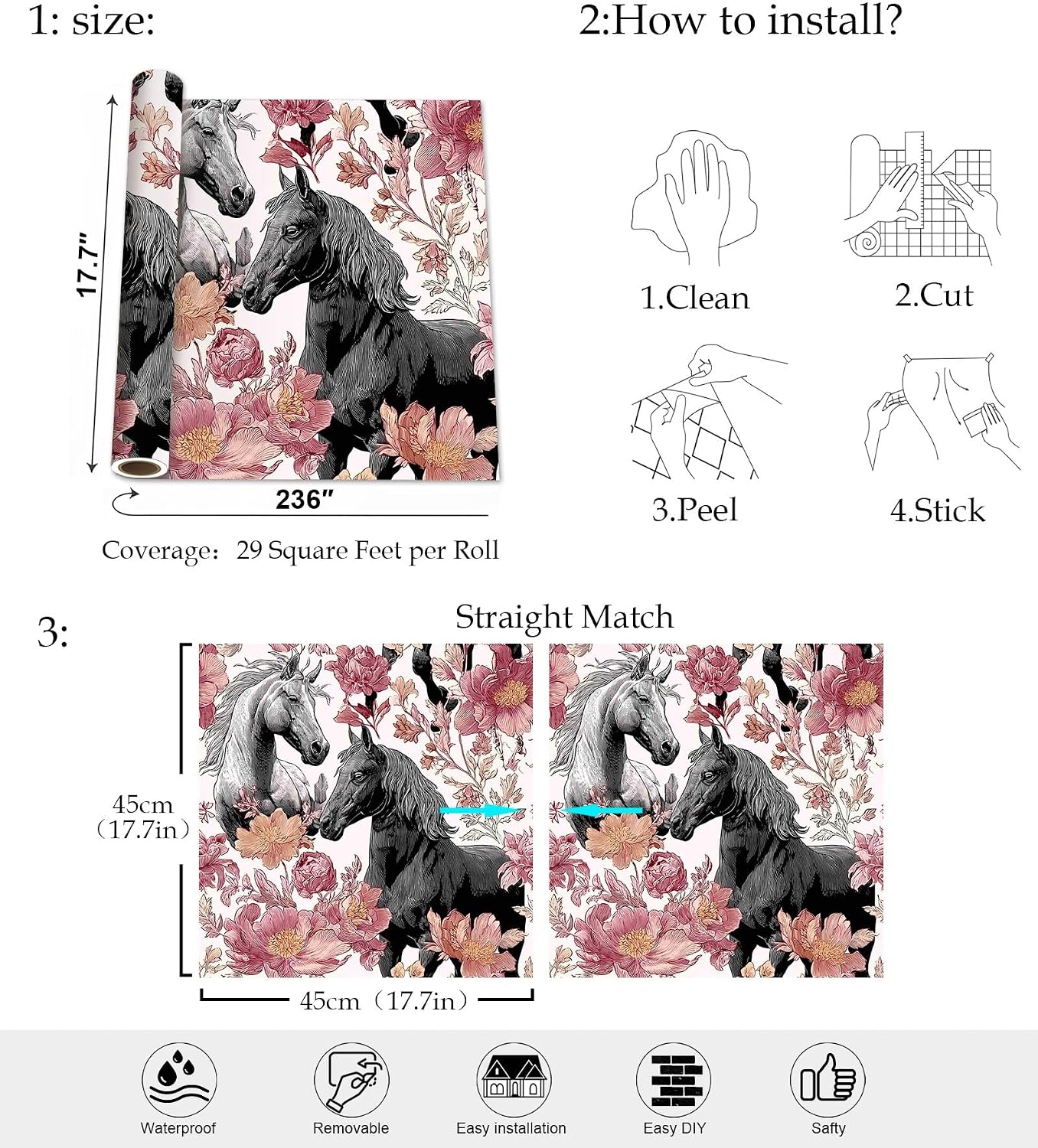 Horse Wallpaper – Vintage Floral Peel and Stick Wallpaper with Horses and Blossoms for Home Decor | 17.7" x 236", Self-Adhesive, Waterproof Vinyl