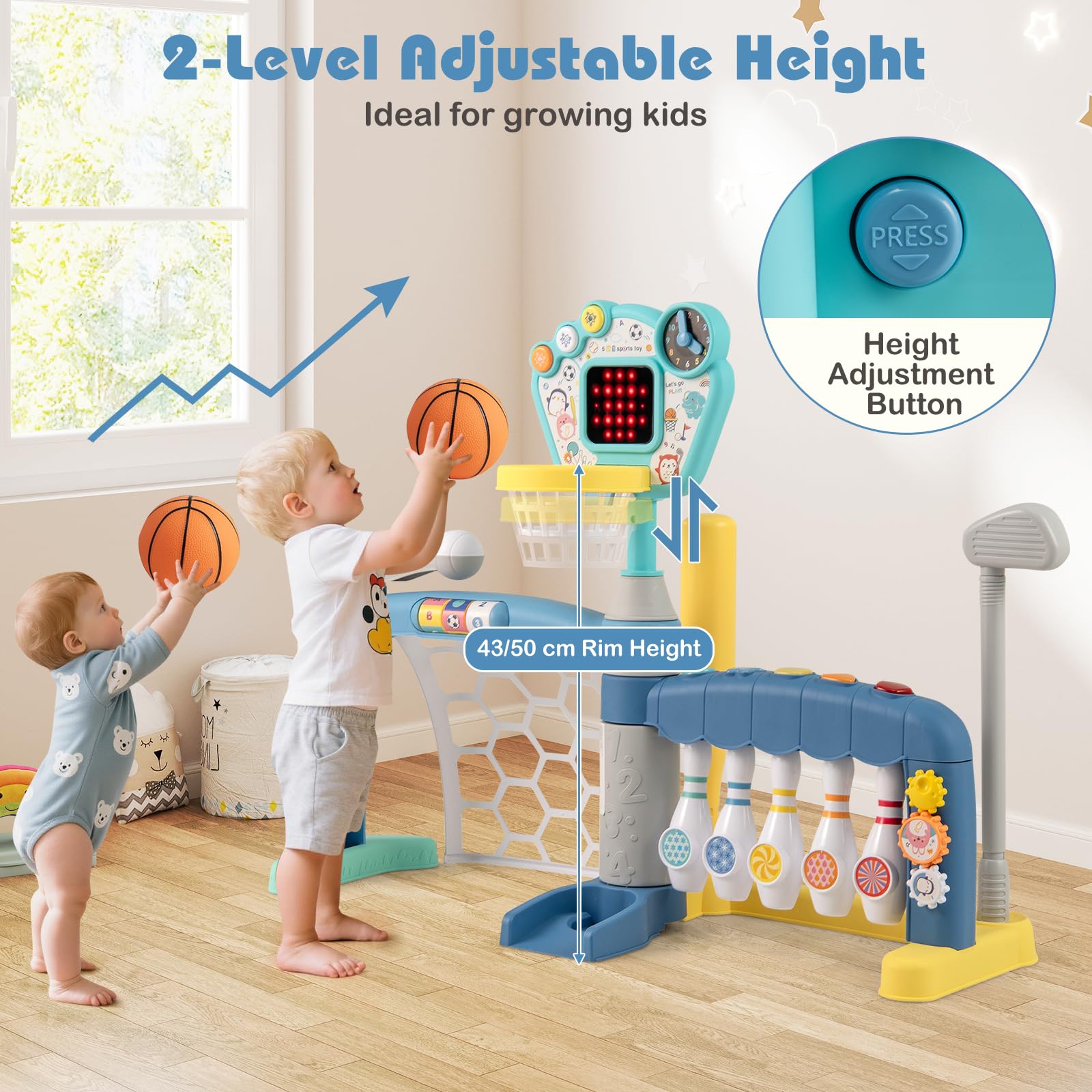 HOMASIS 5 in 1 Kinder Basketballkorb Set mit Licht & Sound, multifunktional Basketballständer mit Fußballtor, Golf, Bowling & Baseball, höhenverstellbar Basketballkorb mit Ständer mit Bälle & Zubehör