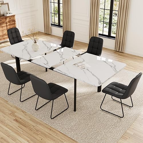 Miniatura 6 de Juego de mesa de comedor extensible para 6-8 personas, mesa de cocina MDF de 63 a 78.7 pulgadas con 6 sillas tapizadas, ahorro de espacio para Mesa