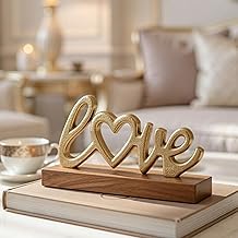 BEHOMA Love Sign Decor | Word Showpice for Couples | Romantic Birthday & Valentine’s Day Gift for Girlfriend and Loved Ones | Metal Love Sign with Wooden Base | Home & Office Tabletop Décor | Gold