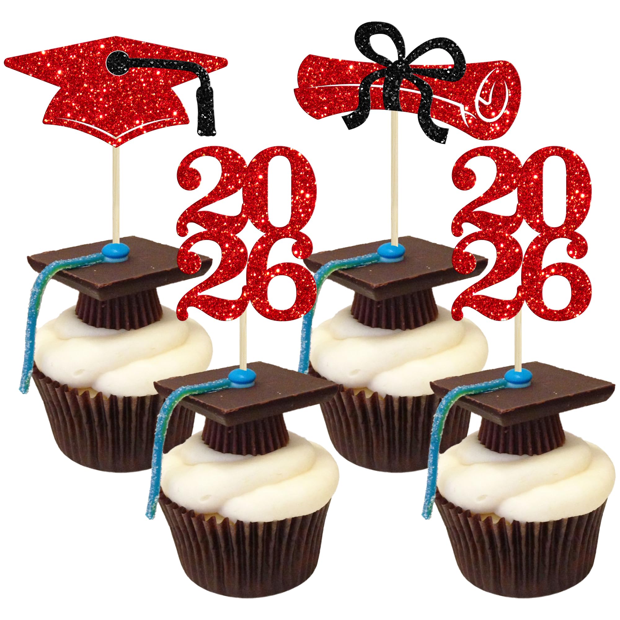 Ephlyn 24Pcs Graduation 2026 Cupcake Toppers Glitter 2026 Diploma Grad Cap Cake Decorations 2026 Graduation Cupcake Picks for 2026 Theme Party Cake