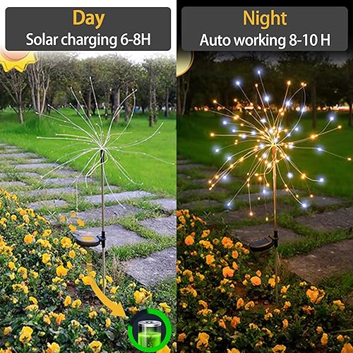 Miniatura 4 de JJGoo Luces solares de jardín, luces solares de fuegos artificiales, paquete de 2, 120 LED, 2 modos de iluminación, luces solares para exteriores,