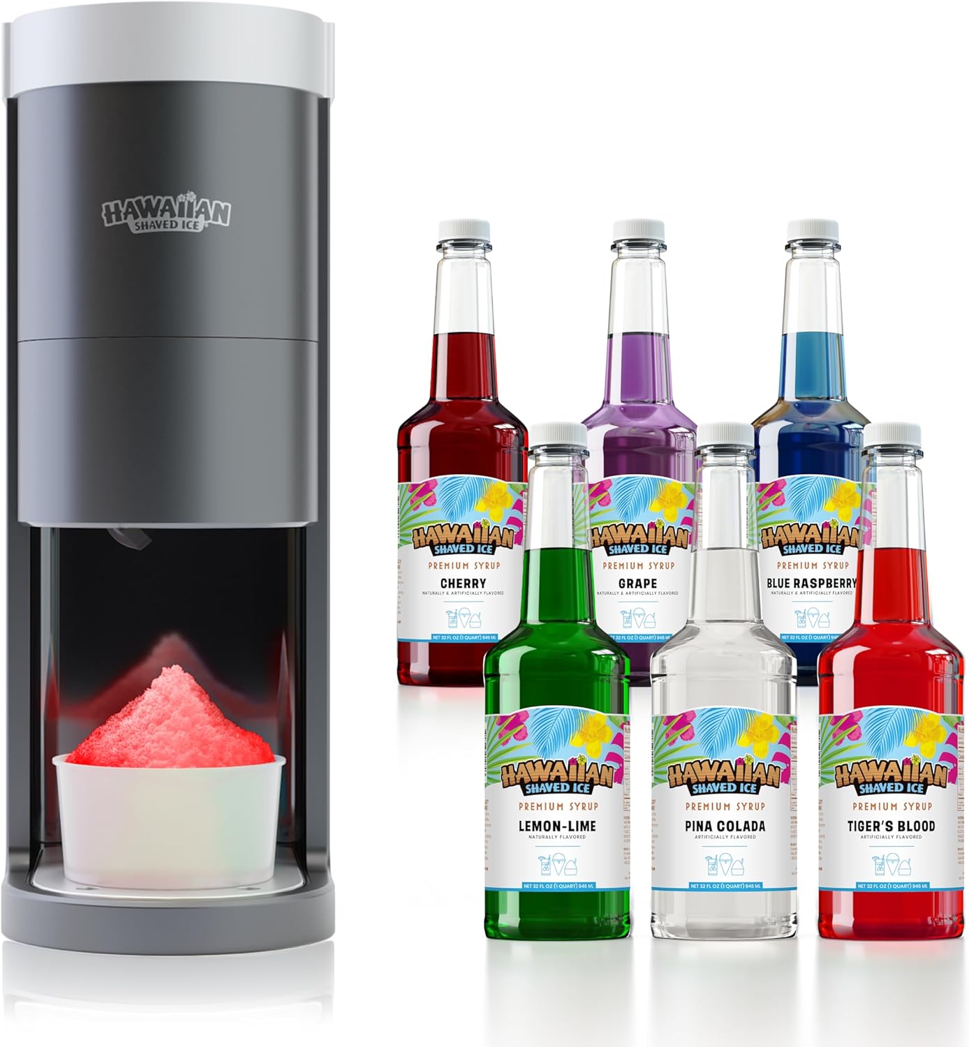Hawaiian Shaved Ice Snow Cone and Shaved Ice Machine with Blade Adjustment Knob Bundled with 6 Flavor Quart Pack of Cherry, Grape, Blue Raspberry, Pina Colada, and Tiger's Blood