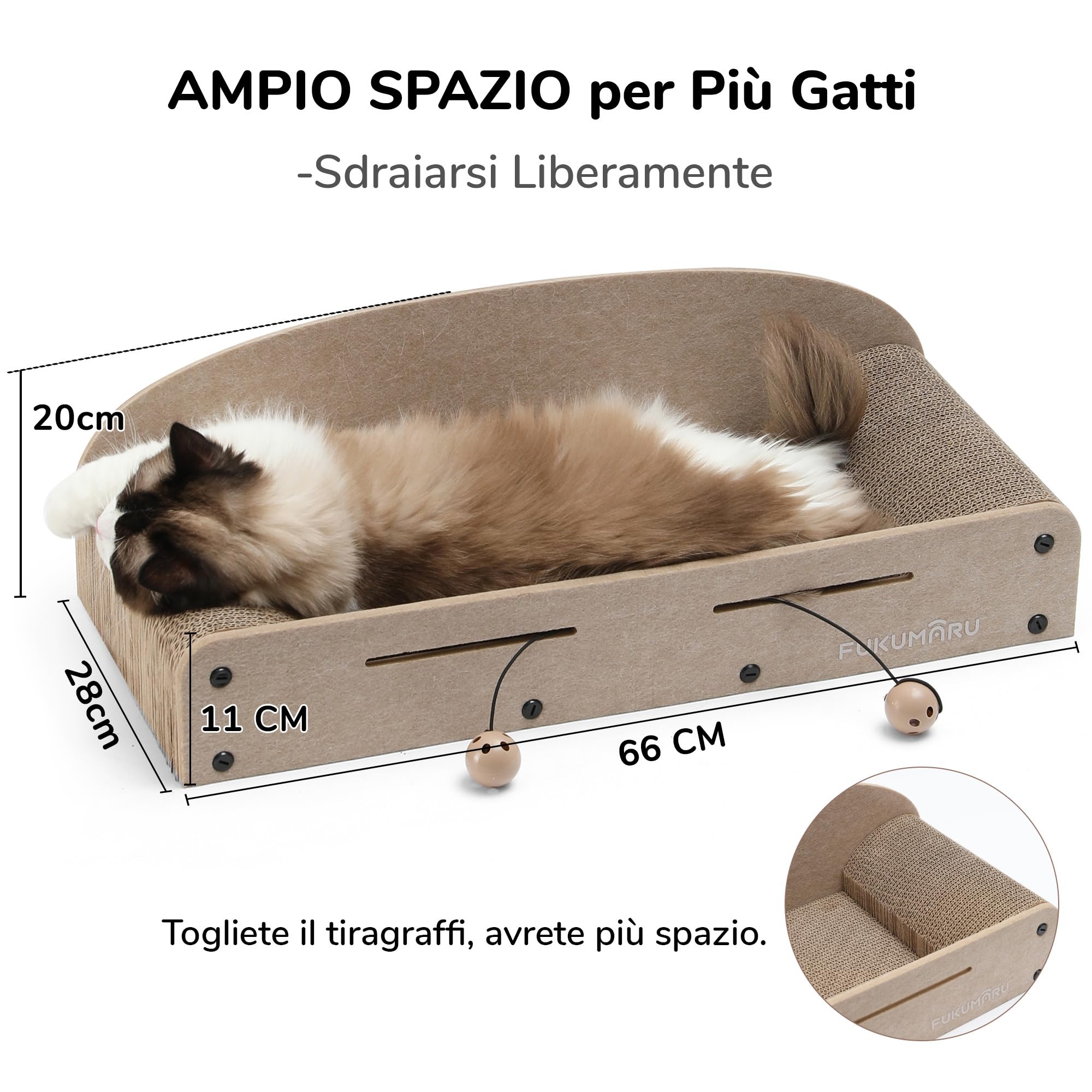 FUKUMARU Tiragraffi Per Gatti da 66 cm In Cartone Resistente,Letto e Divanetti per Gatti.Tappetino Tiragraffi per Gatti In Cartone Riciclabile Con Pallina da Giocare.