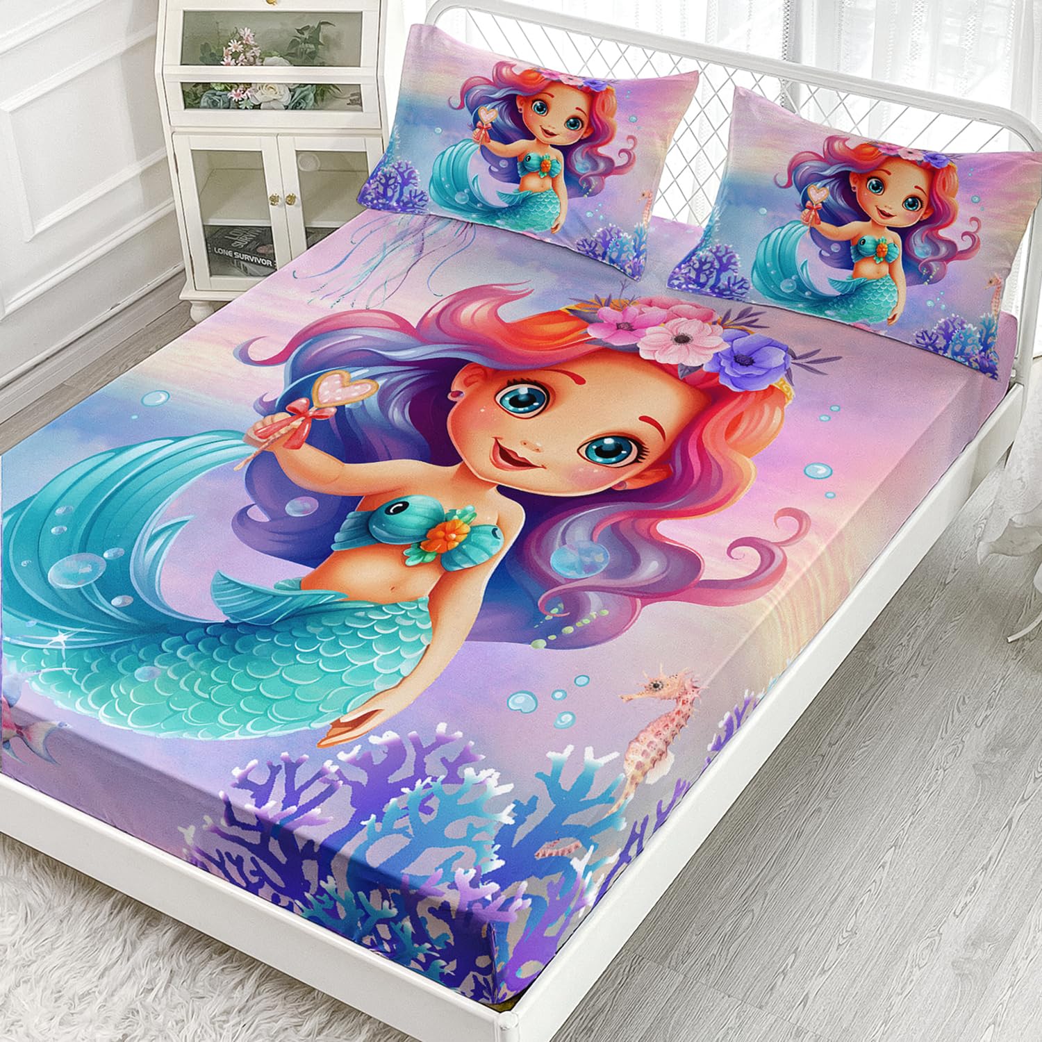 AILONEN Mermaid Fitted Sheet Set - Twin Size With 2 Pillowcases, Colorful Sea Life Kids Bedding