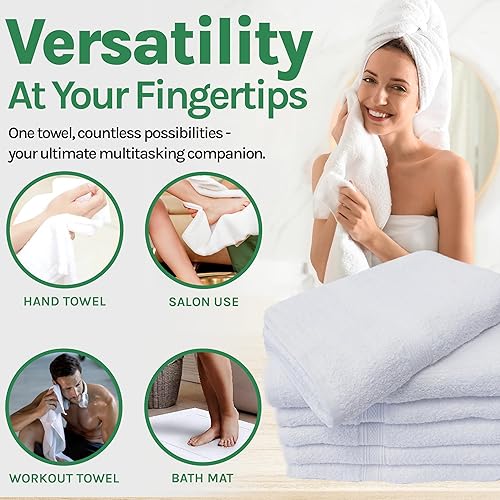 Miniatura 6 de Towels N More - Paquete de 12 toallas suaves de gimnasio de 22 x 44 pulgadas, toallas de baño blancas 100% bucles hilados en anillo - Juego de