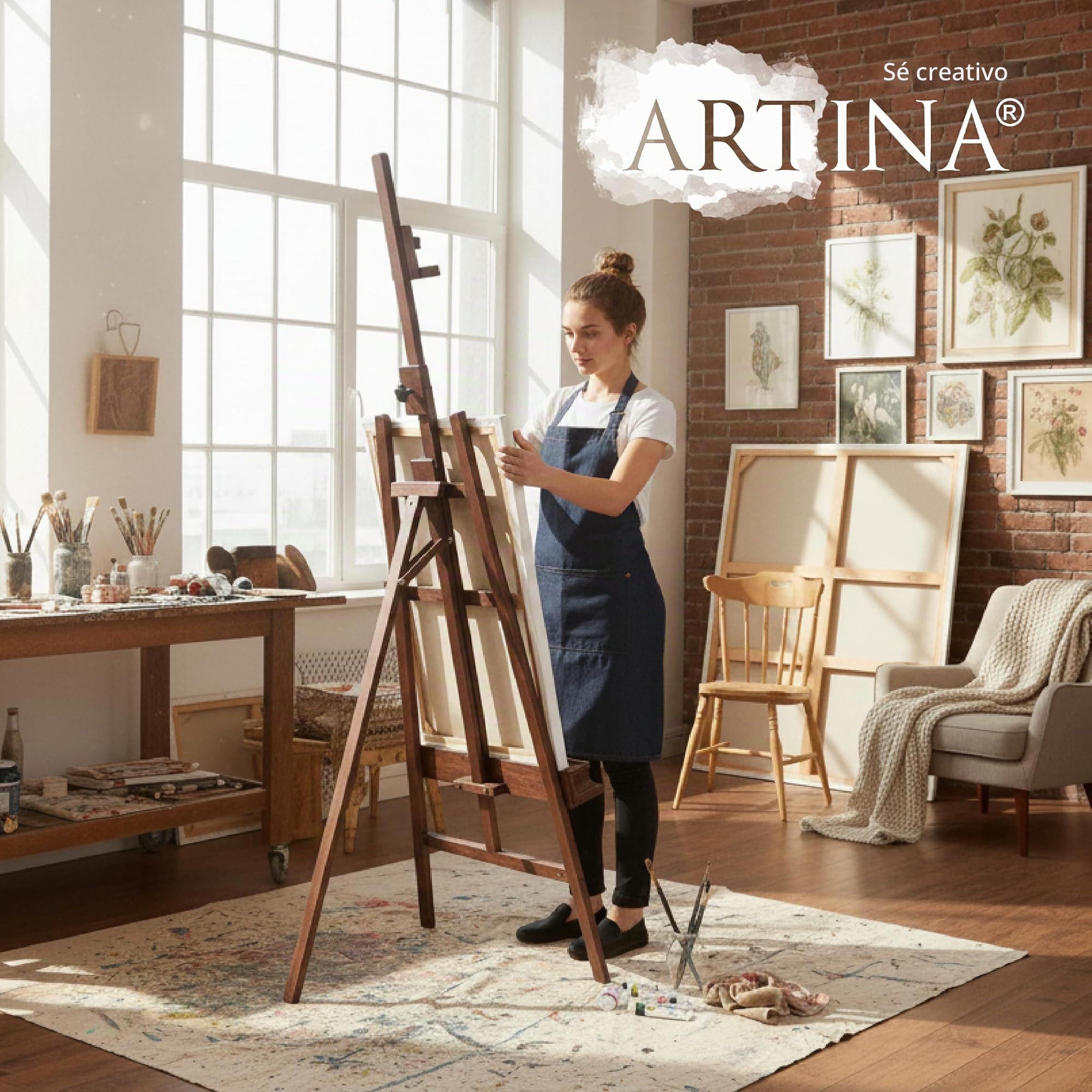 Artina caballete madera pintura profesional FSC® con doble soporte altura | bastidores con 120cm - 225cm ajustable para pintar lienzos grande Caballetes plegable bastidor pie atril oleo Barcelona