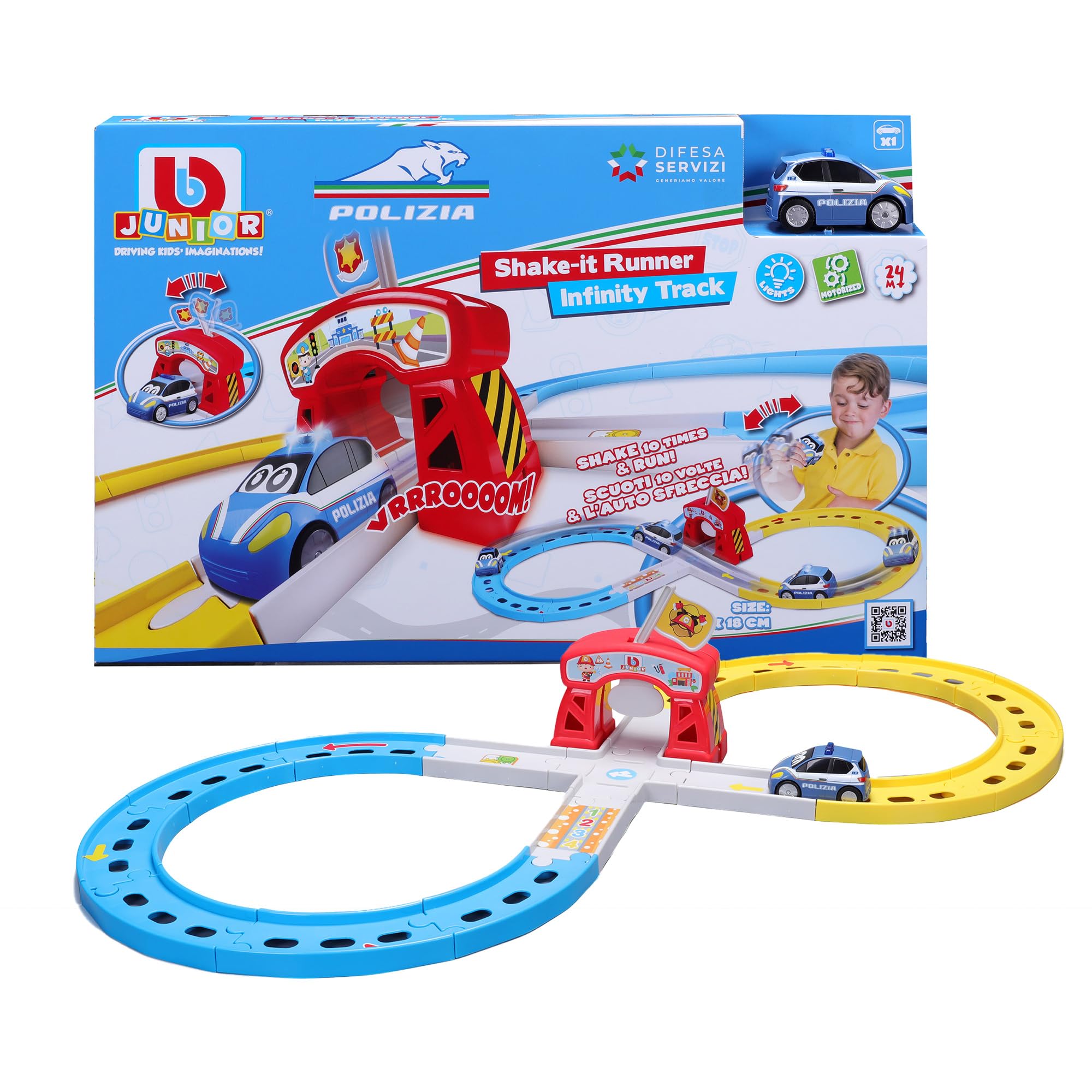 Bburago Junior - Shake-It Runner Infinity Track Police - Jouet Piste de Course avec Voiture de Police, Fonction Shake & Go, permis de Police Officiel, âge recommandé 24+ Mois