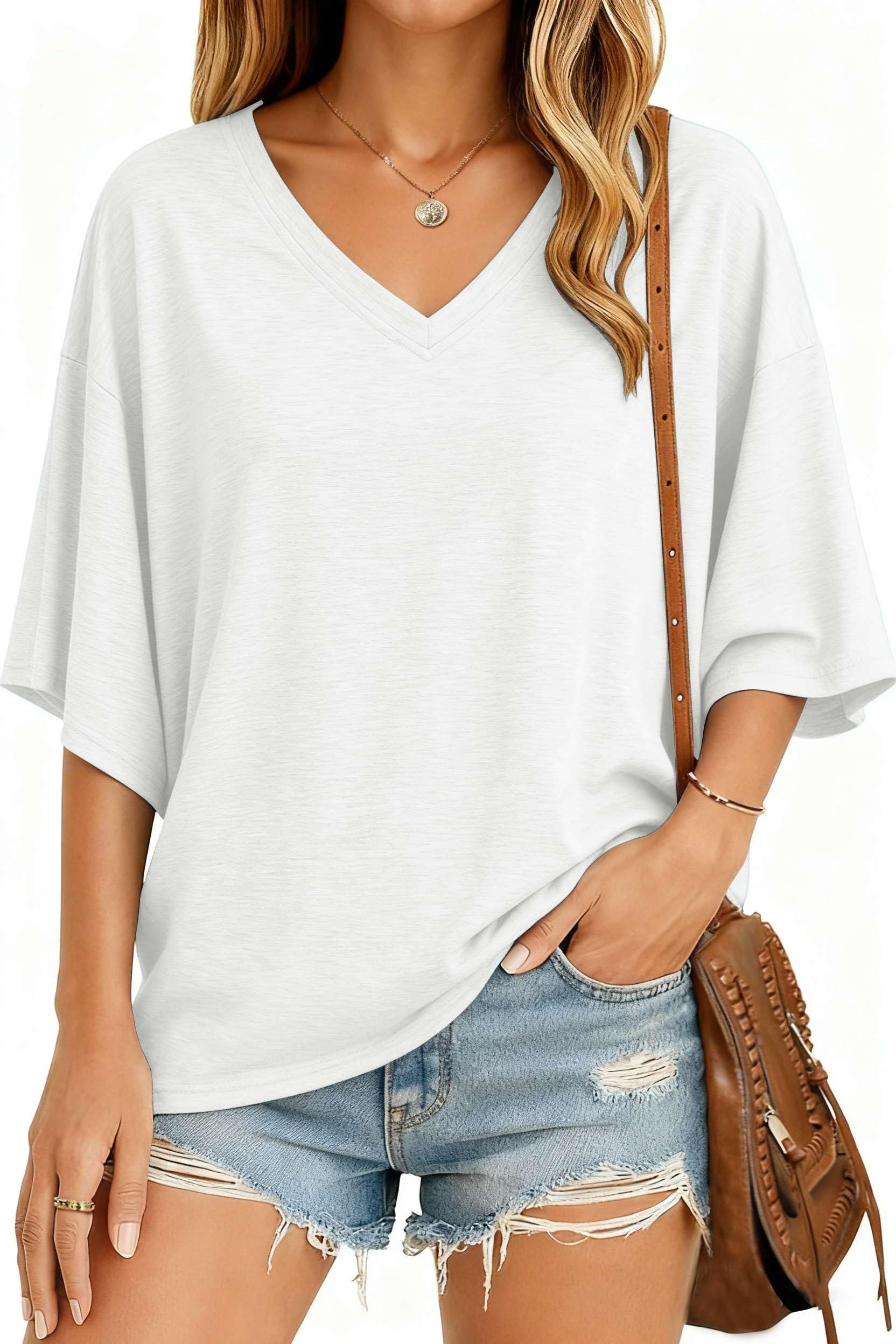 NAIOSS Damen T-Shirt Oversize Kurzarm Oberteil V-Ausschnitt Tunika Sommer Tops