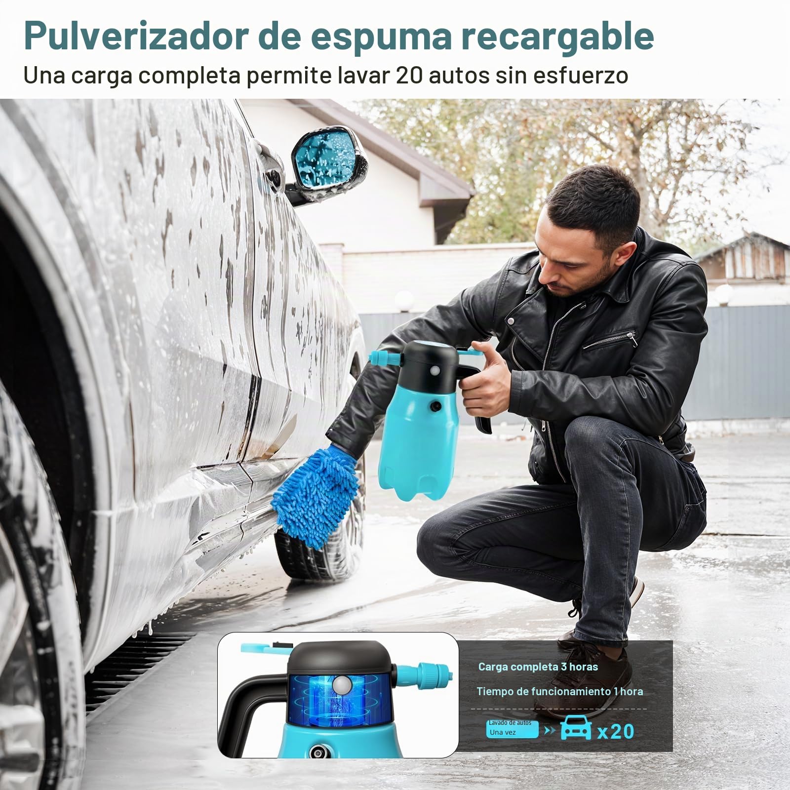 SYLSTAR Pulverizador de Espuma 2L, 7.4V Pistola de Espuma con Batería, 4,2 Bar de Potencia Pompa Irroratrice, 2 Boquillas para Detailing Automotriz, Limpieza de Vehículos (Espuma/Chorro Agua)