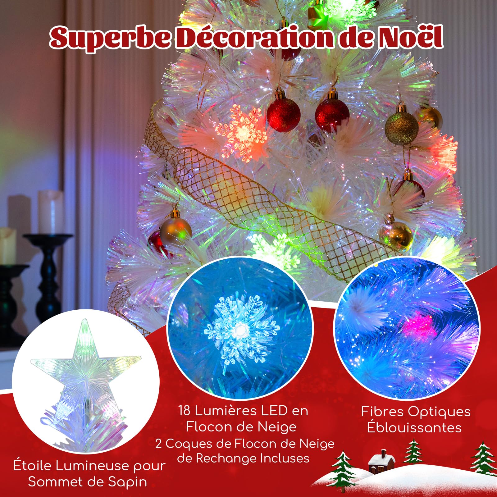 COSTWAY Sapin de Noël Artificiel à Fibre Optique Lumineux LED 120 cm, Blanc avec Feuilles Irisées, Lumières LED Flocon de Neige Multicolores, Lumière Etoilée Supérieure, pour Bureau, Maison