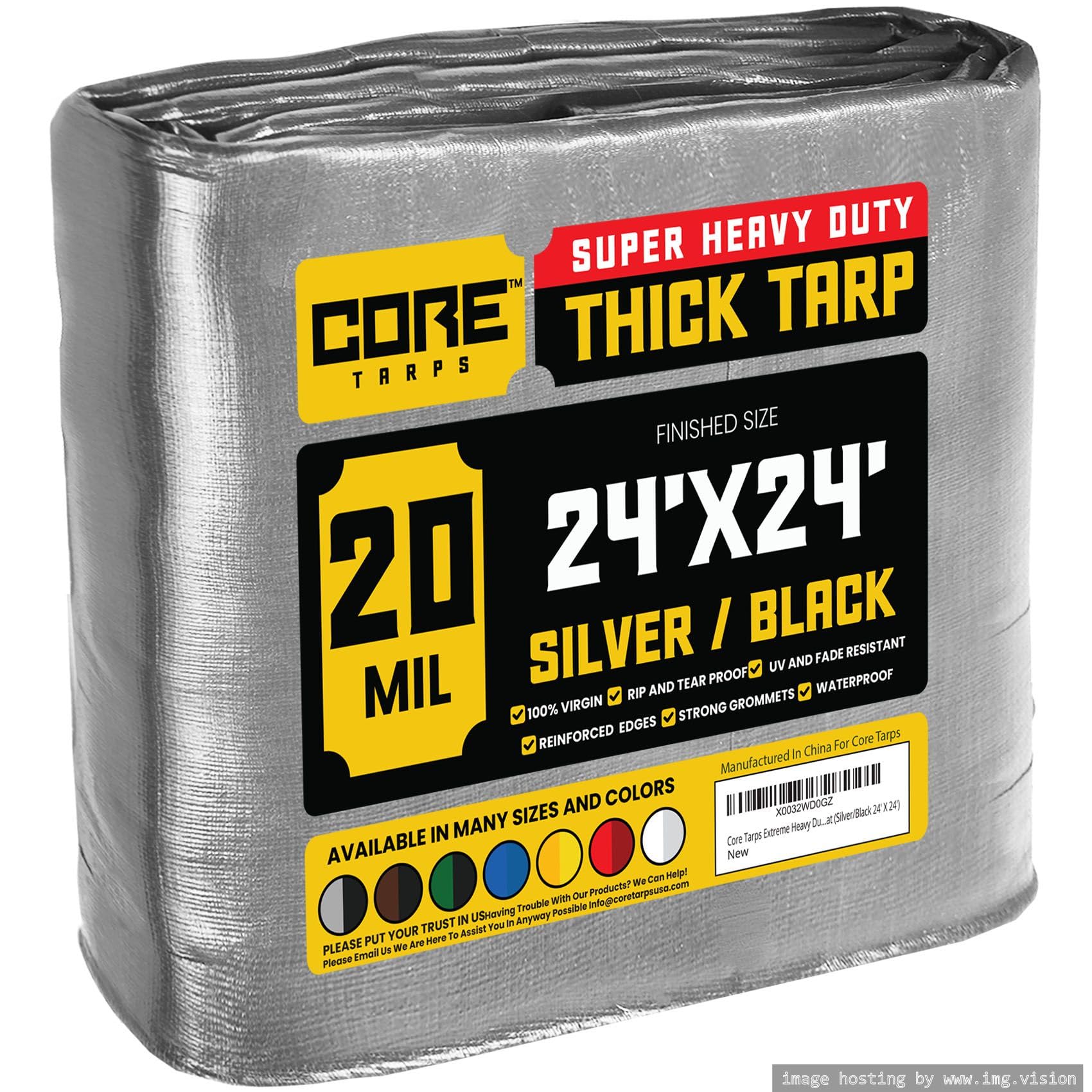 Core Tarps Extreme Heavy Duty 20 Mil Tarp Cover, Waterproof, UV Resistant, Rip and Tear Proof, Poly Tarpaulin with Reinforced Edges for Roof, Patio, Pool, Boat (Silver/Black 24′ X 24′)