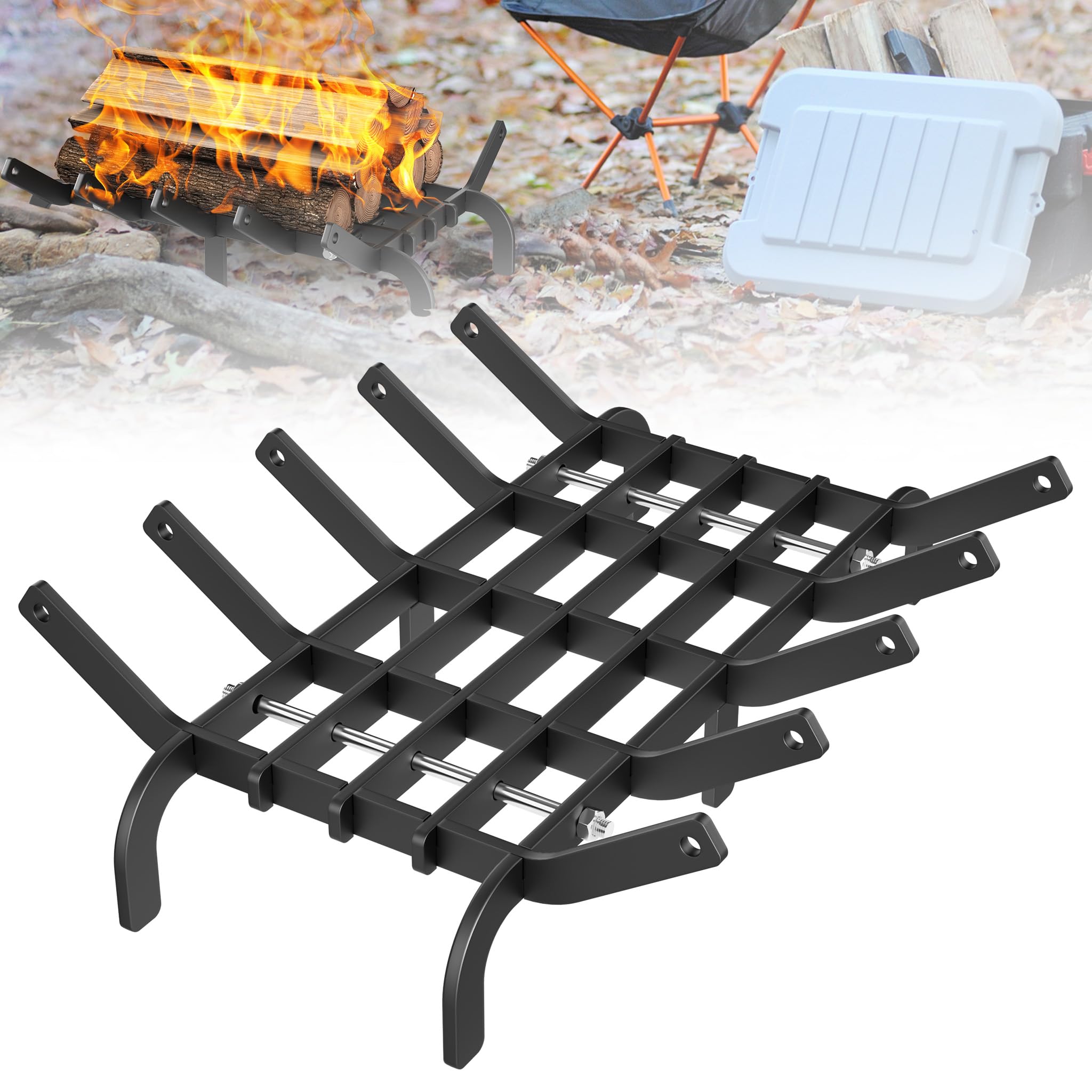 Kaminholzroste 42cm Abnehmbarer Kaminrost Brennholzhalter mit 6 Stabilen Füßen, Hitzebeständiger Holzständer für Innen- und Außenbereich, Schwarz Schwerlast Kaminholz Zubehör