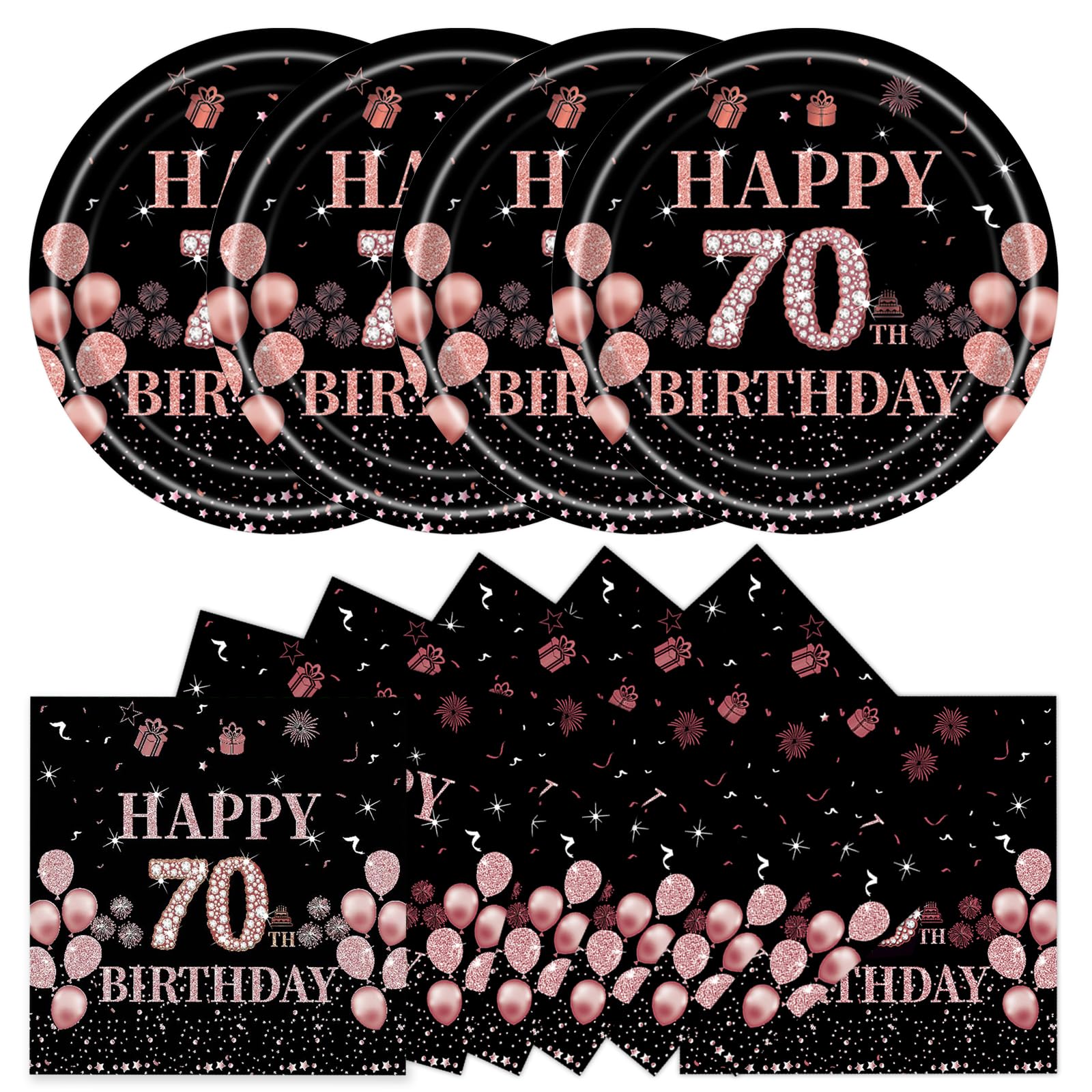 DHAIQC 50 Pcs 70th Party Supplies Birthday Paper Plates and Napkins, 7 Inch Black Rose Gold 70th Birthday Plates Napkins Tableware Set for Men Women Cheers to 70 Years Decorations (70th) — image 1