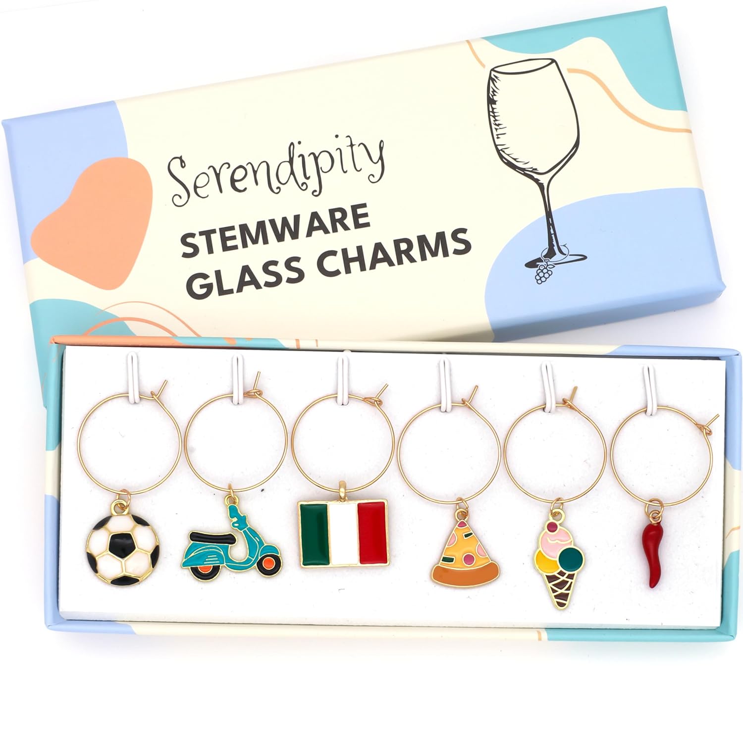 Italian Wine Glass Charms, Gift for Italians, Italy Themed Gifts, Set Include 6 charms: Flag of Italy, Gelato, Vespa, Soccer Ball, Pizza, Italian Horn (Italian Wine Charms) Thumbnail
