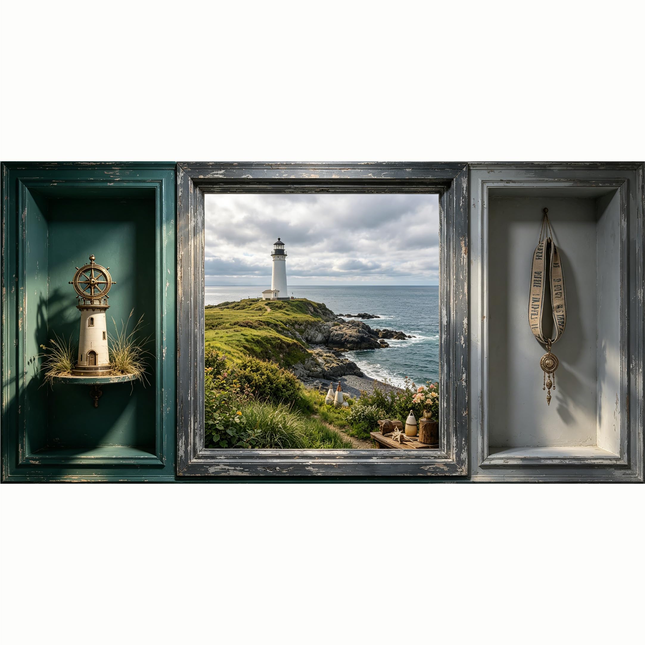QZLITHOTIC 50x100cm 3D Framed Wall Art， Coastal Lighthouse Ocean Seascape Self‑Adhesive Mural， Water‑Activated Peel & Stick Fabric Decor Wall Decal for Bedroom Living Room