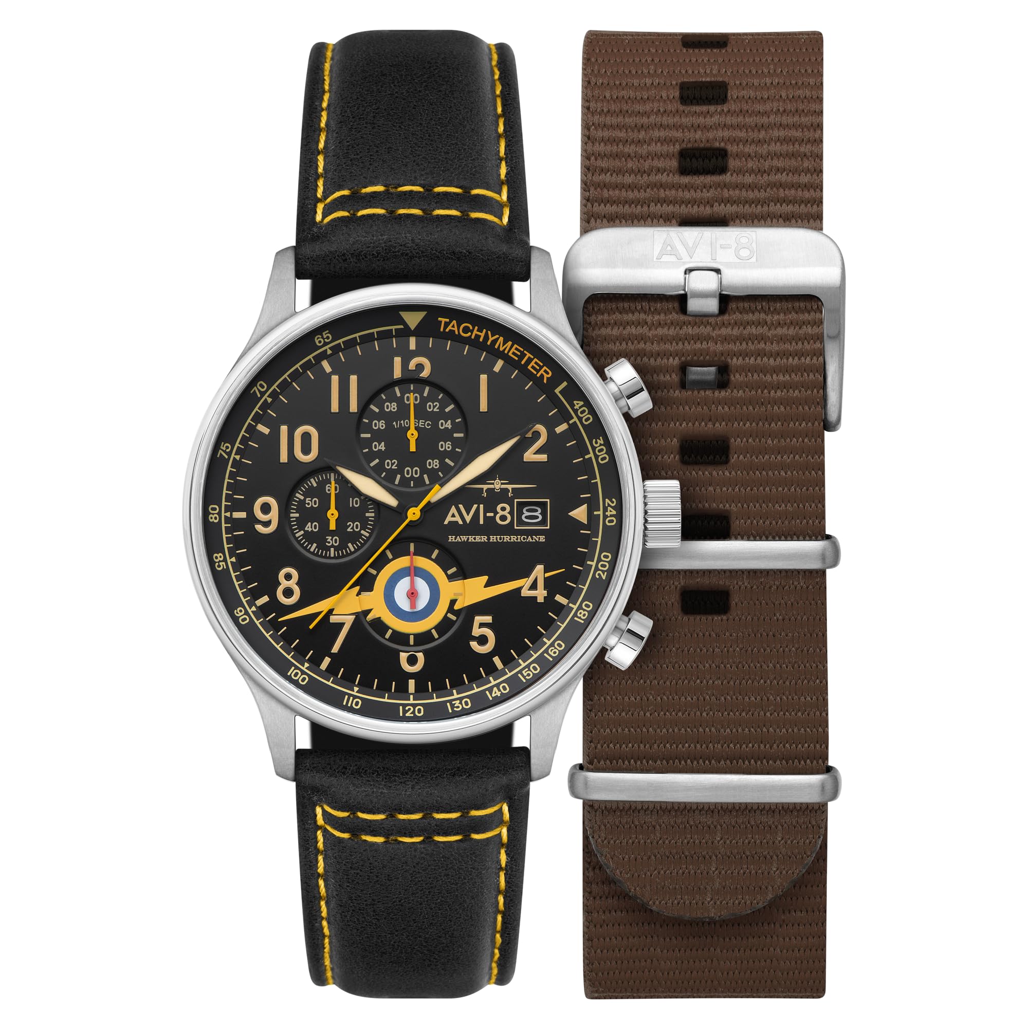 AVI-8 Hawker Hurricane AV-4011 - Reloj para hombre, caja de acero inoxidable de 42 mm, movimiento de cuarzo japonés, correa de piel auténtica, relojes para hombre, cronógrafo clásico, Naranja rayo