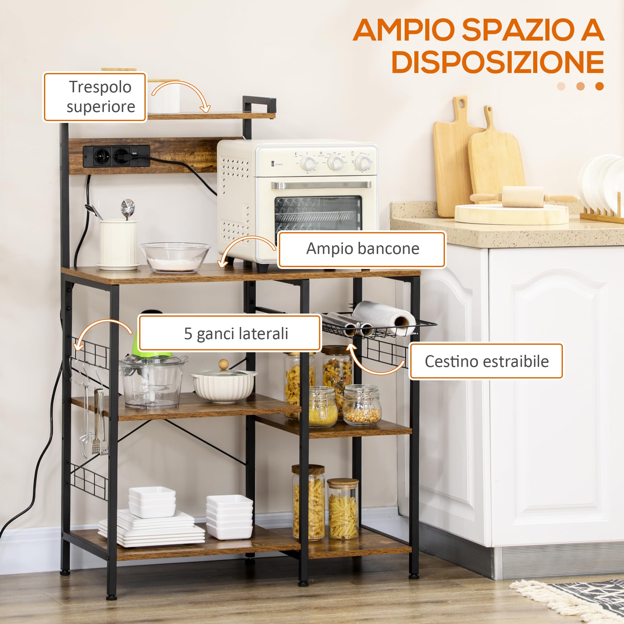 HOMCOM Scaffale da Cucina con Multipresa, Mobile Cucina per Microonde con Ripiani e Cestino a Rete Stile Industriale, 90x42x130cm, Marrone