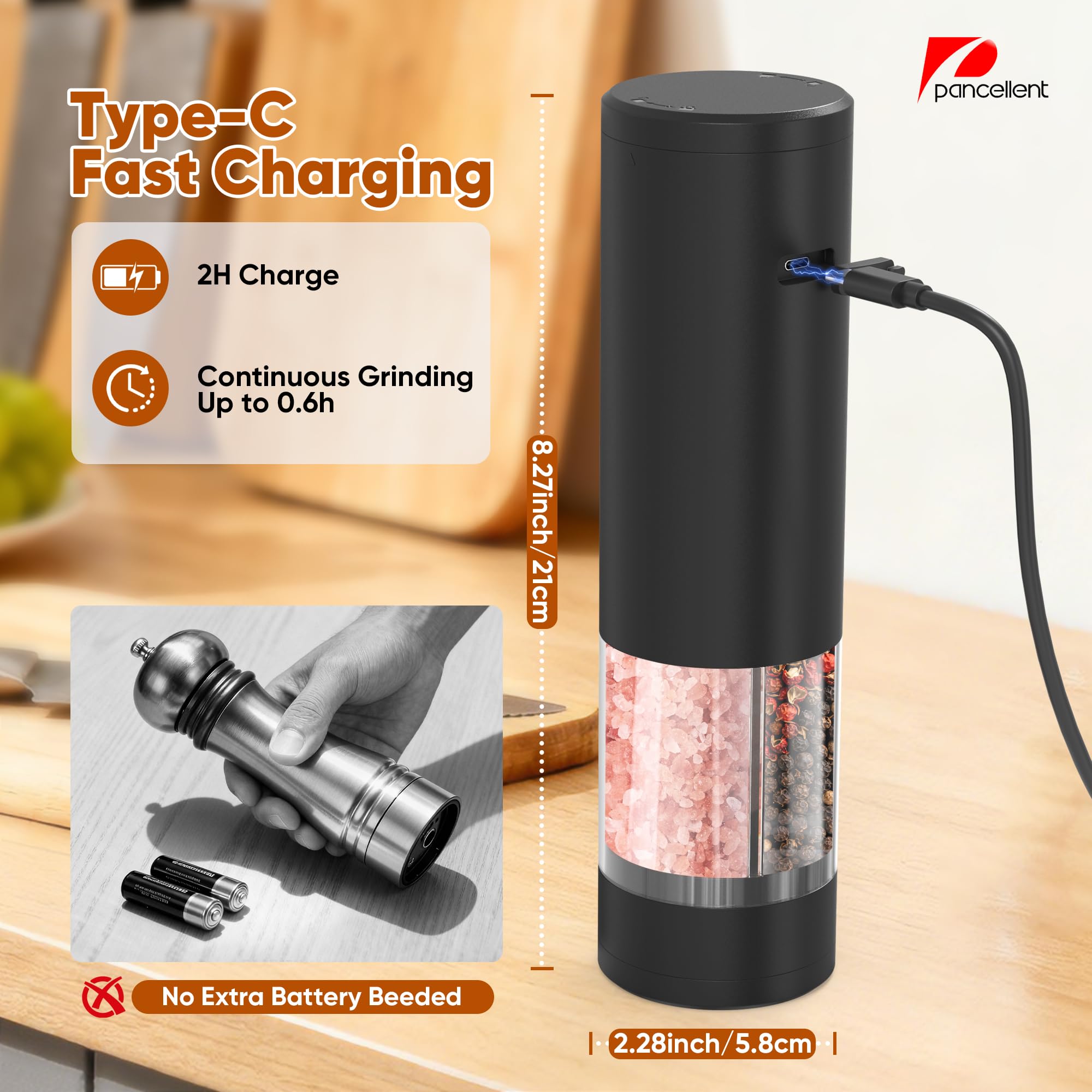 Moulin à poivre et sel électrique 2 en 1 rechargeable USB, automatique avec éclairage LED, réglable