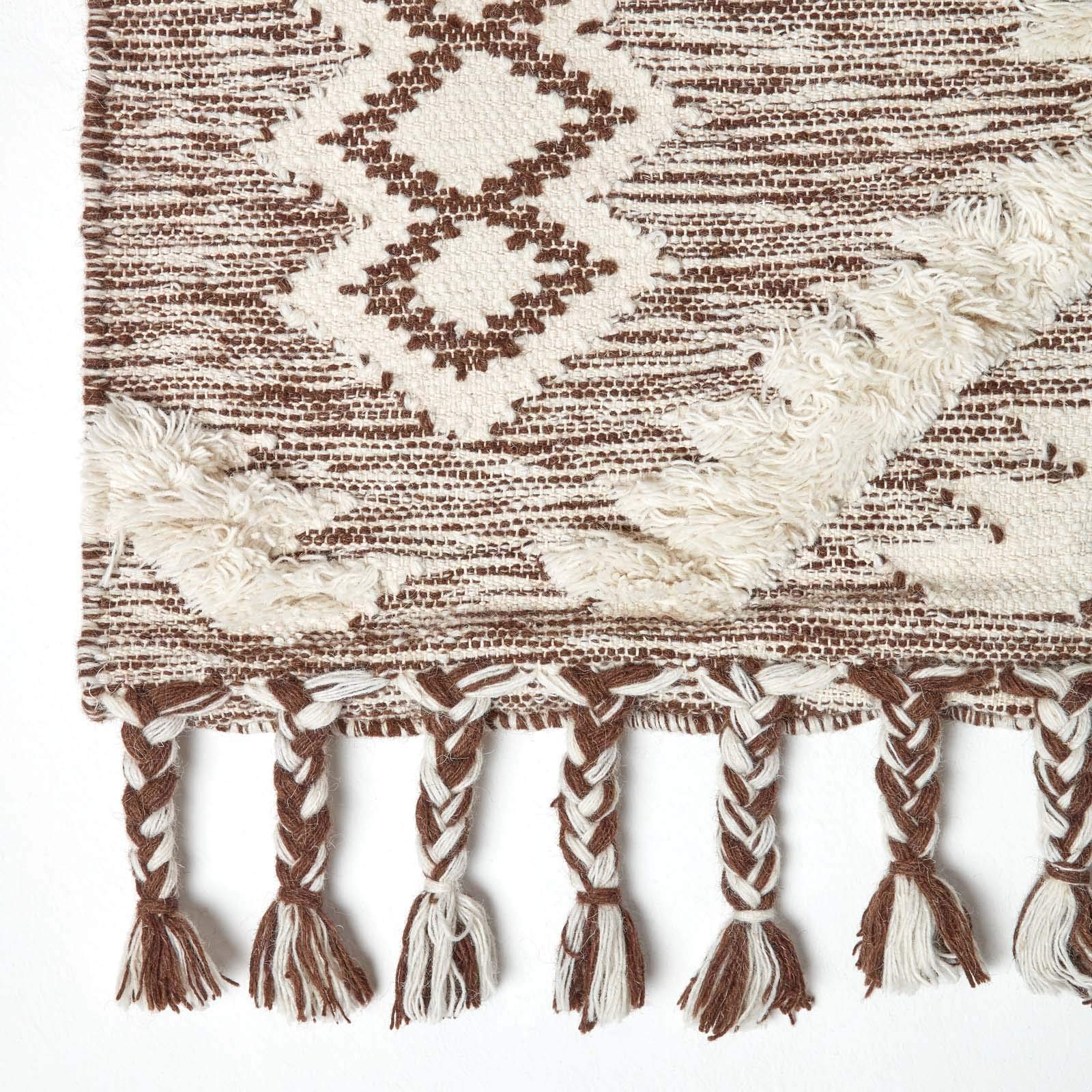 HOMESCAPES Lhasa Tappeto Kilim intrecciato a mano marrone e crema per soggiorno tappeto in lana trapuntata con frange, 90 x 150 cm