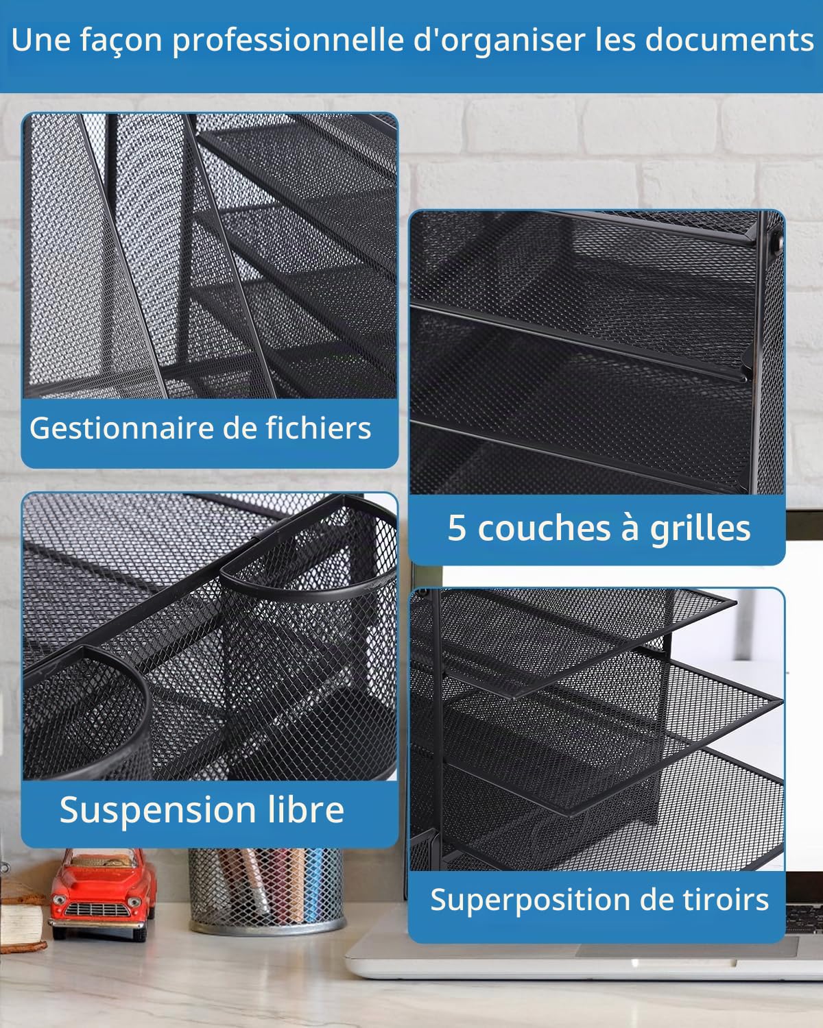 LEAZZLE Organiseur de bureau maille métallique, Support Rangement