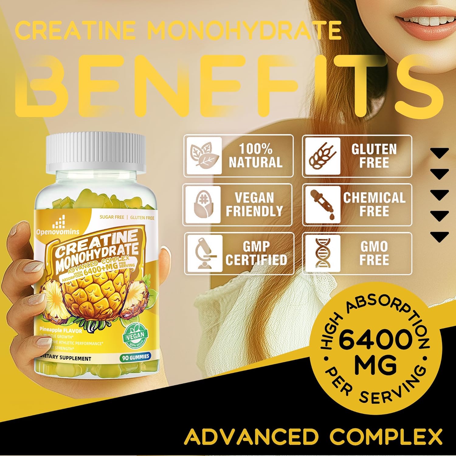 Creatine Monohydrate Gummies Complex for Men & Women -Advanced Formula W/L-Taurine + Vitamin B12, Sugar Free Chewable Supplement,180 Pineapple Gummies 2pack