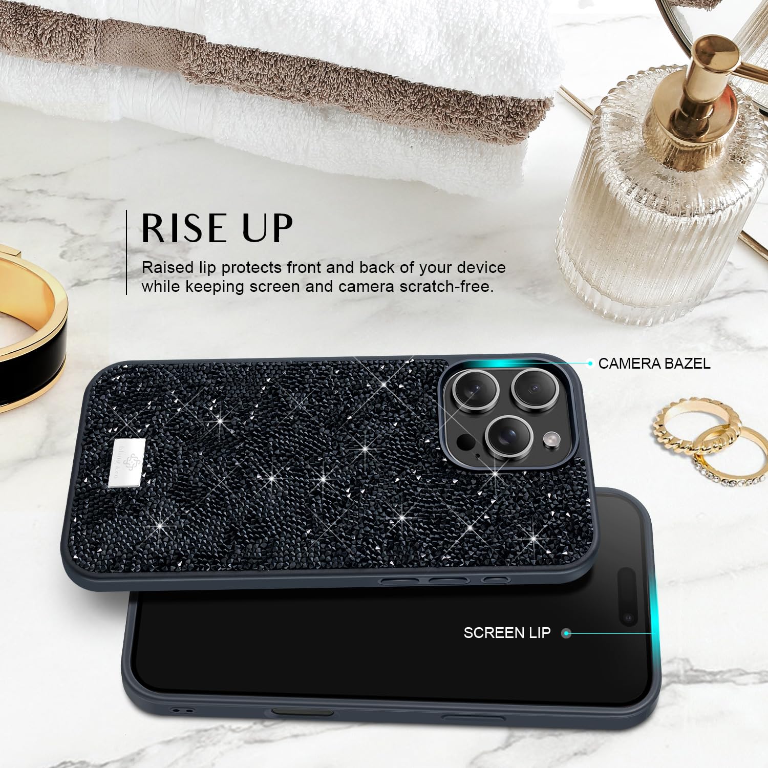 BEZ Case for iPhone 16 Pro Case Glitter, with Bling & Co. Series, Sparkle Diamond Crystal Bling Case Cover for iPhone 16 Pro, Jet Black - Image 4