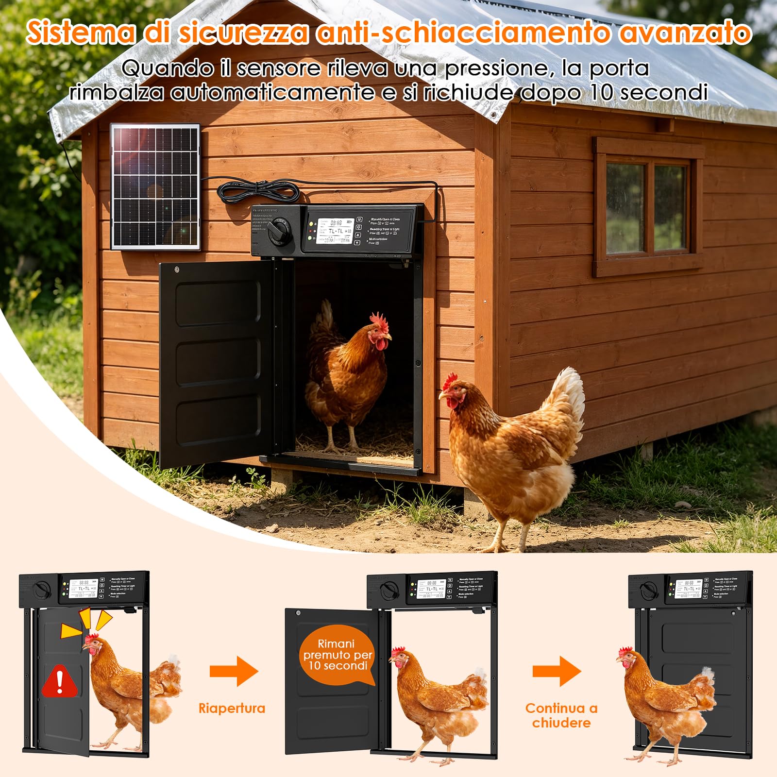 Porta Automatica Pollaio Solare, Aluminum Grande Porta Pollaio con Telecomando, Sensore di luce e Timer, Anti-Schiacciamento