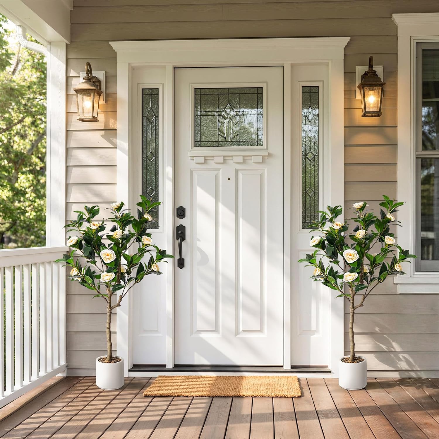 Artificial Camellia Tree 4ft, 2 Pack Indoor Fake Plant with Realistic Trunk, Leaves, Flowers and White Planter, Faux Potted Tree for Home Decor and Housewarming Gift