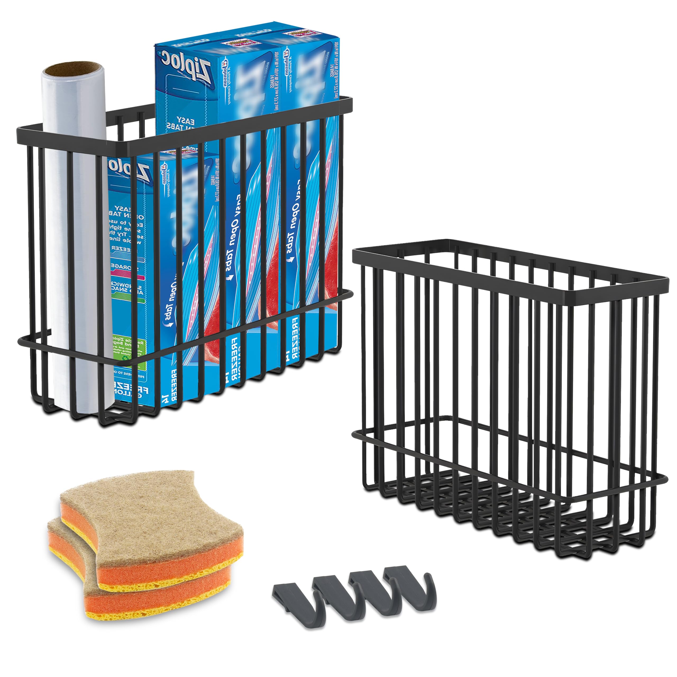 Wall Organizer Baskets, Lid Organizers Inside Cabinet with 2 Caddy Adhesive, Cabinet Door Organizer with 2 Sponges, 4 Hooks, Cabinet Door Storage for