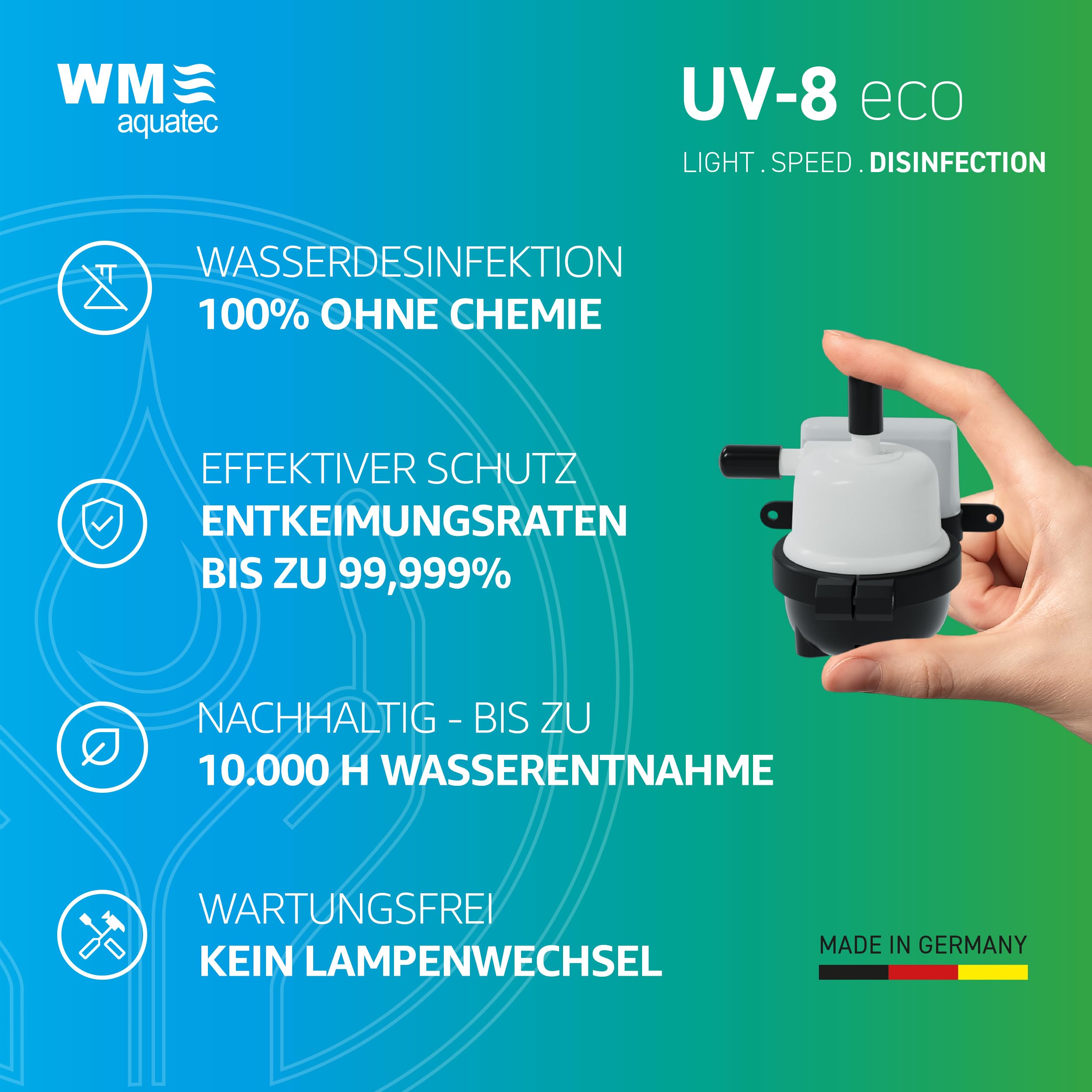 WM aquatec UV-8 eco | UV-C LED Wasserdesinfektion | chemiefrei & umweltfreundlich | integrierte Funktionsüberwachung | inkl. Durchflusssensor | sicheres Wasser für Camping & Caravaning