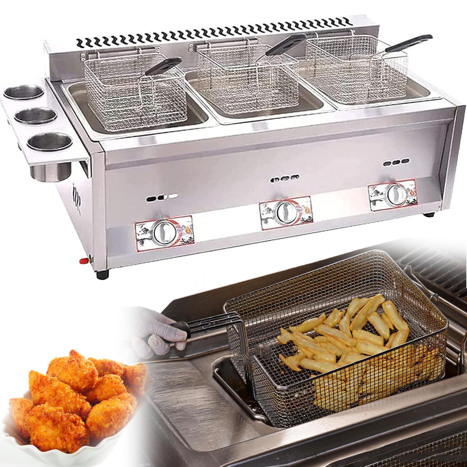 Friggitrice Professionale, Friggitrice Gas Grande capacità, Friggitrice Aria Domestica in Acciaio Inox, con Cestello Riscaldato Rimovibile, per Cucina FamigliaRistorante, 3 Cestelli Efficiente