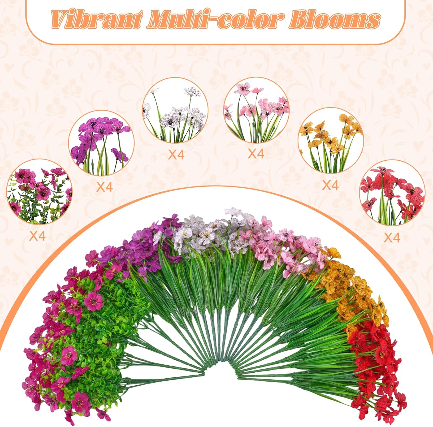 24 Bundles Artificial Flowers for Outdoor Decoration, Fake Flowers No Fade UV Resistant Faux Silk Flower Plants for Outside Planters Garden Yard Porch Patio Balcony Indoor Decor(6 Colors) - Image 3