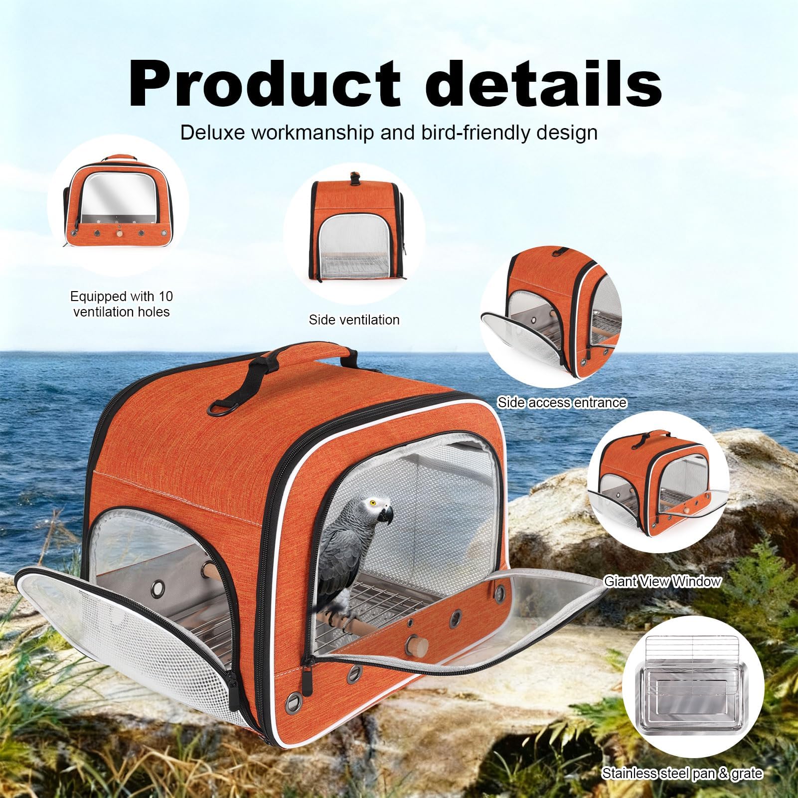 Sac de transport pour oiseaux de grande taille avec plateau en métal et grille pour oiseaux de taille moyenne et grande comme le gris africain, calopsitte à longue queue et perroquet (orange, L)
