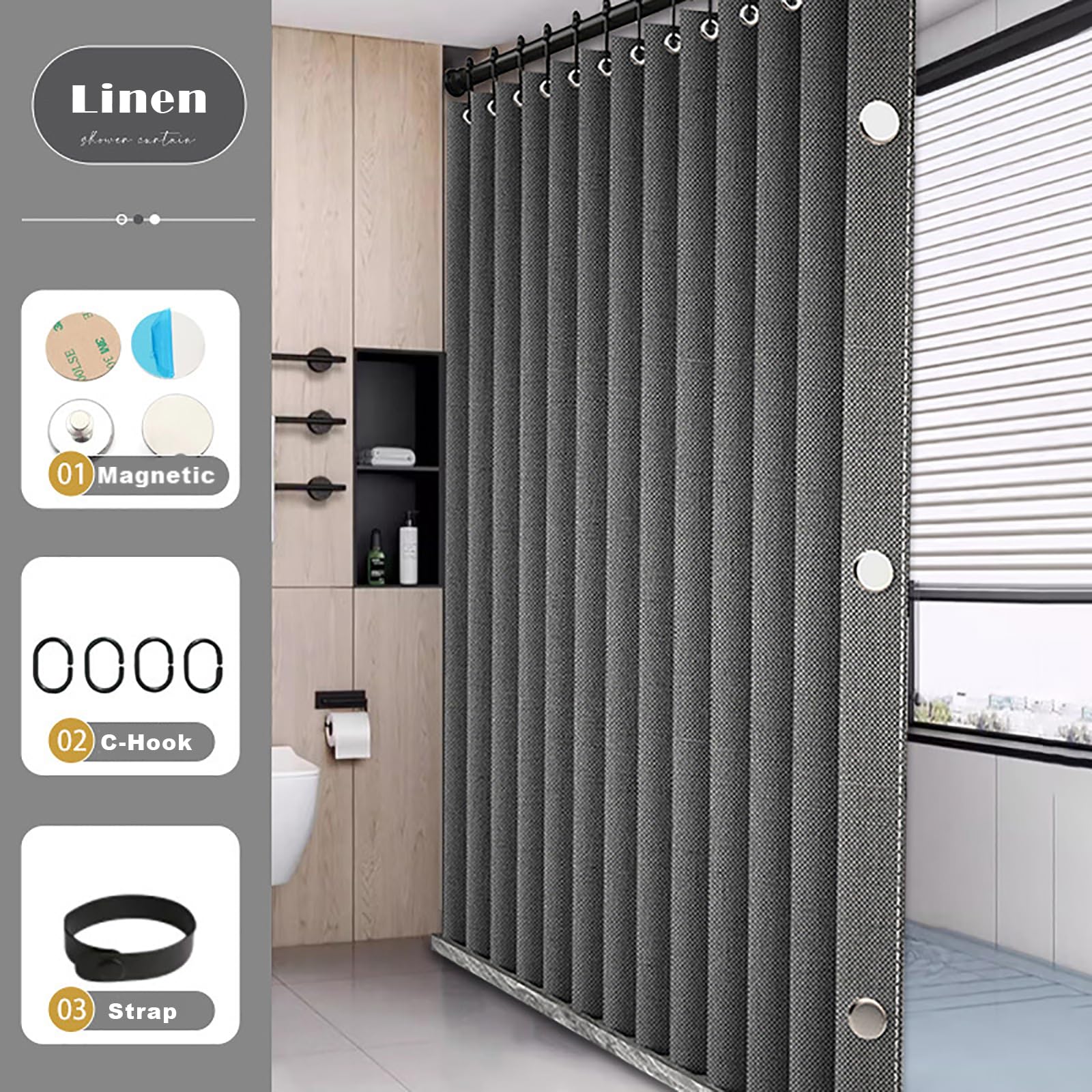 Grey Waterproof Shower Curtain - Folding & Space-Saving -6