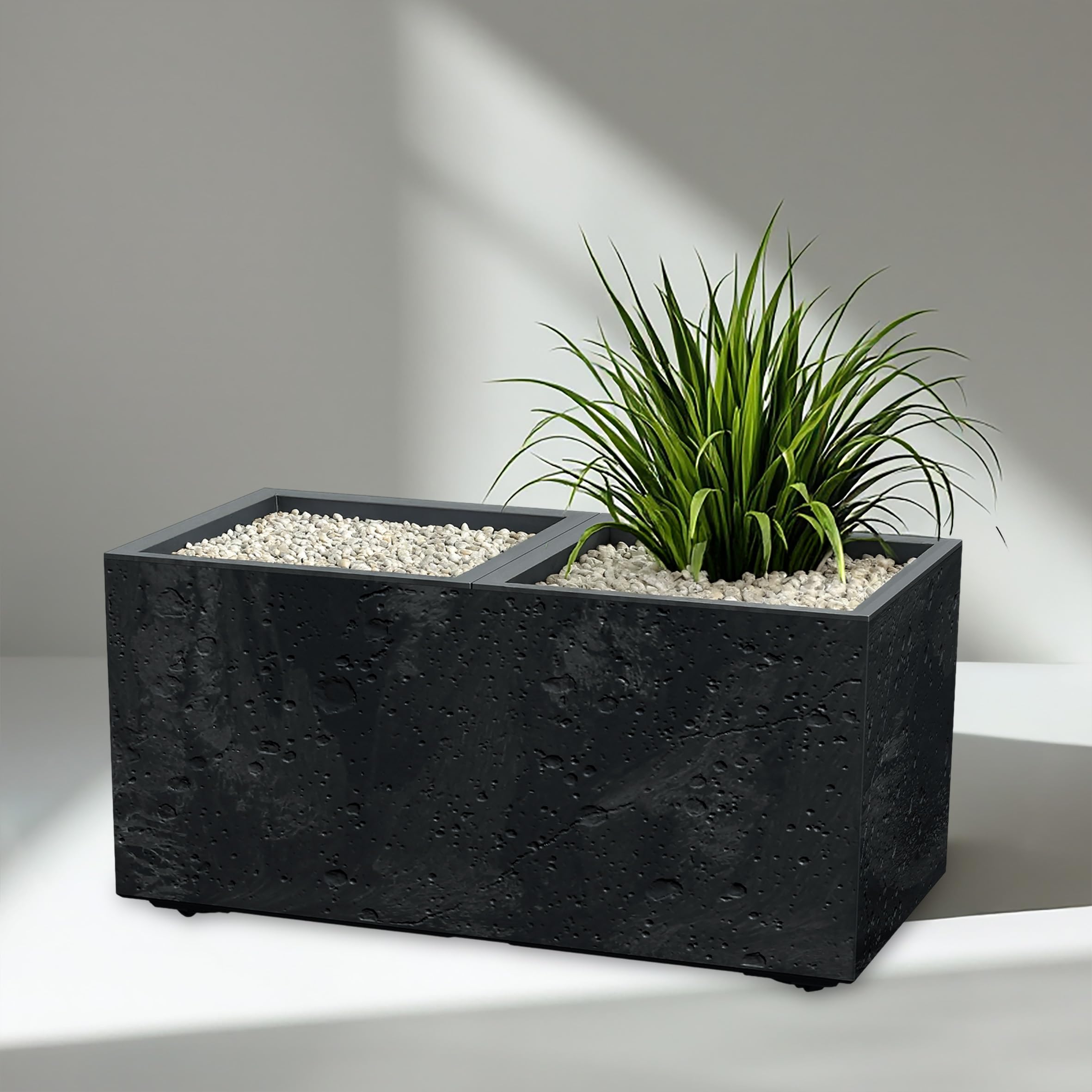 Skrzynka na kwiaty z tworzywa sztucznego, wygląd betonu, 2 komory na rolkach – 59 x 29 cm – prostokątna donica na rośliny, antracytowa, z wkładem na rośliny i drenażem, zwijana doniczka na kwiaty do