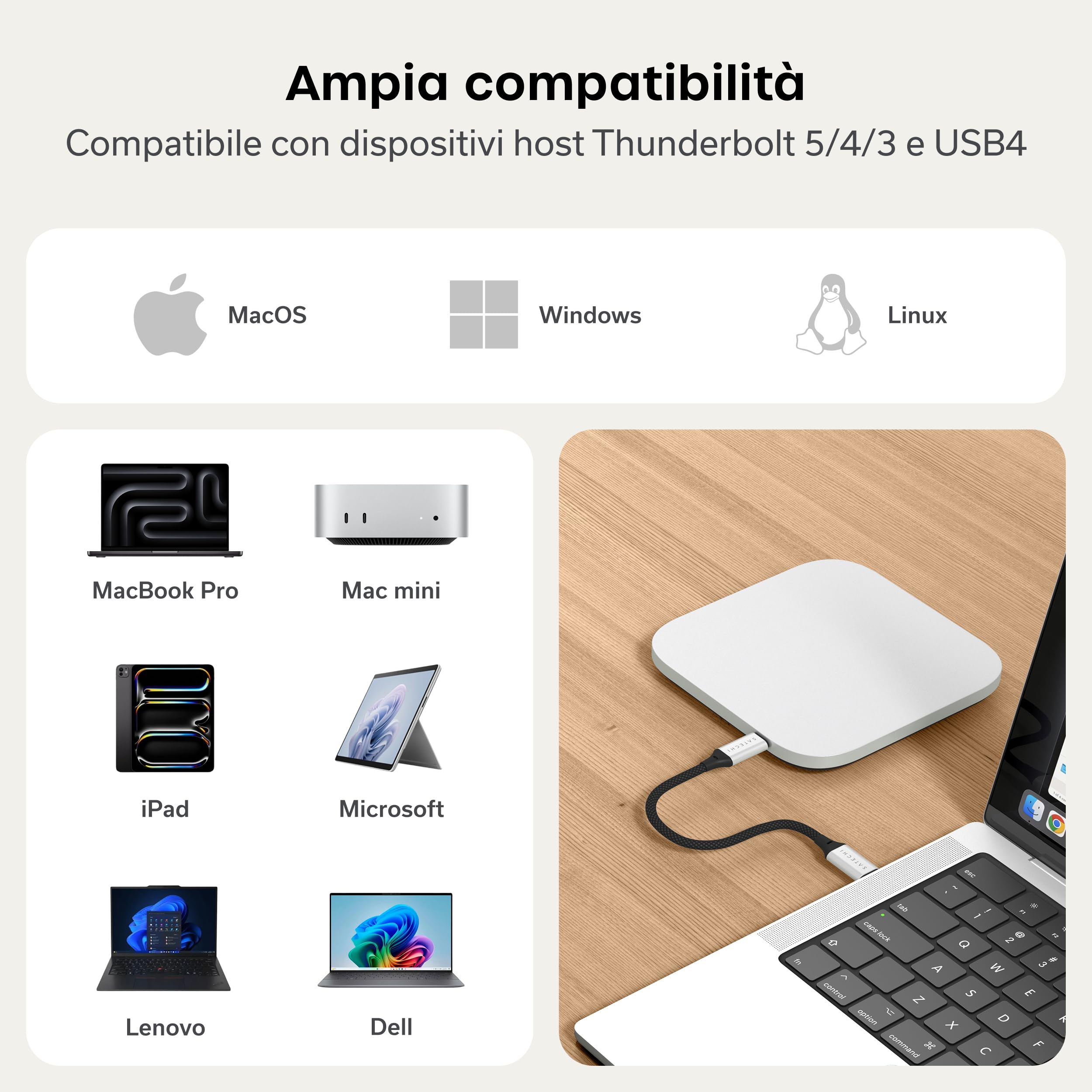 SATECHI Custodia SSD NVMe USB4 per Mac Mini M4, Compatibile con Thunderbolt 5/4, fino a 8TB, Velocità 40Gbps con Sistema di Raffreddamento, per SSD M.2 2280/2260/2242/2230 (SSD non incluso)