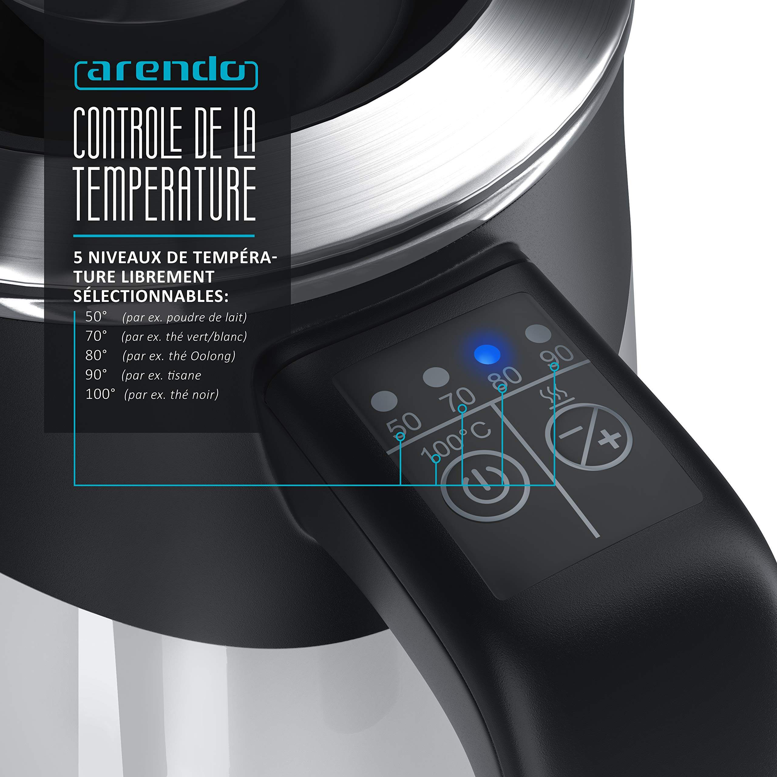 Arendo - Bouilloire de voyage - Capacité 0,5 litre - 5 températures - Double paroi - Très maniable et compacte - Fonction maintien de la température - Panneau de commande à deux touches