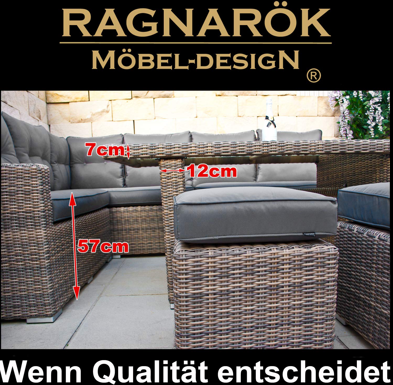 Premium PolyRattan Dining lounge - Deutscher Hersteller - 8 Jahre GARANTIE - Aluminium Gartenmöbel Essgruppe Polster Sitzkissen Grau Natur Rostfrei Esstisch Rattan Garten Sitzgruppe Tisch