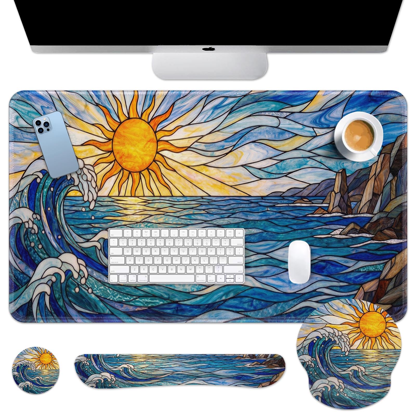 Britimes Blue Ocean Ensemble de tapis de souris 4 en 1 avec grand tapis de souris + repose-poignet pour clavier + repose-poignet + dessous de verre Design ergonomique pour ordinateur de bureau à