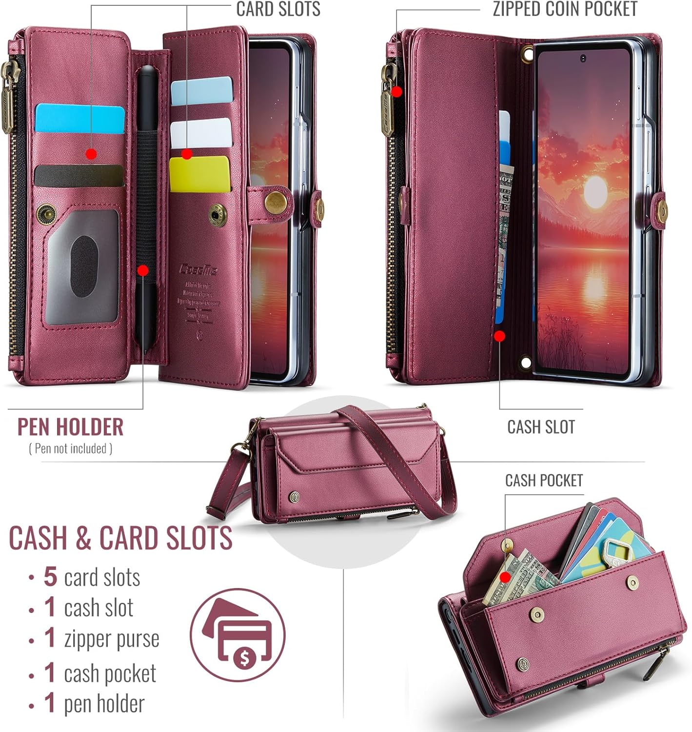 for Samsung Galaxy Z Fold7 Case, Women Men Multi-Function Wallet Case with Stand RFID Blocking Featuring Magnetic Closure Zipper S Pen Holder Includes Shoulder Strap Wrist Strap (Red)